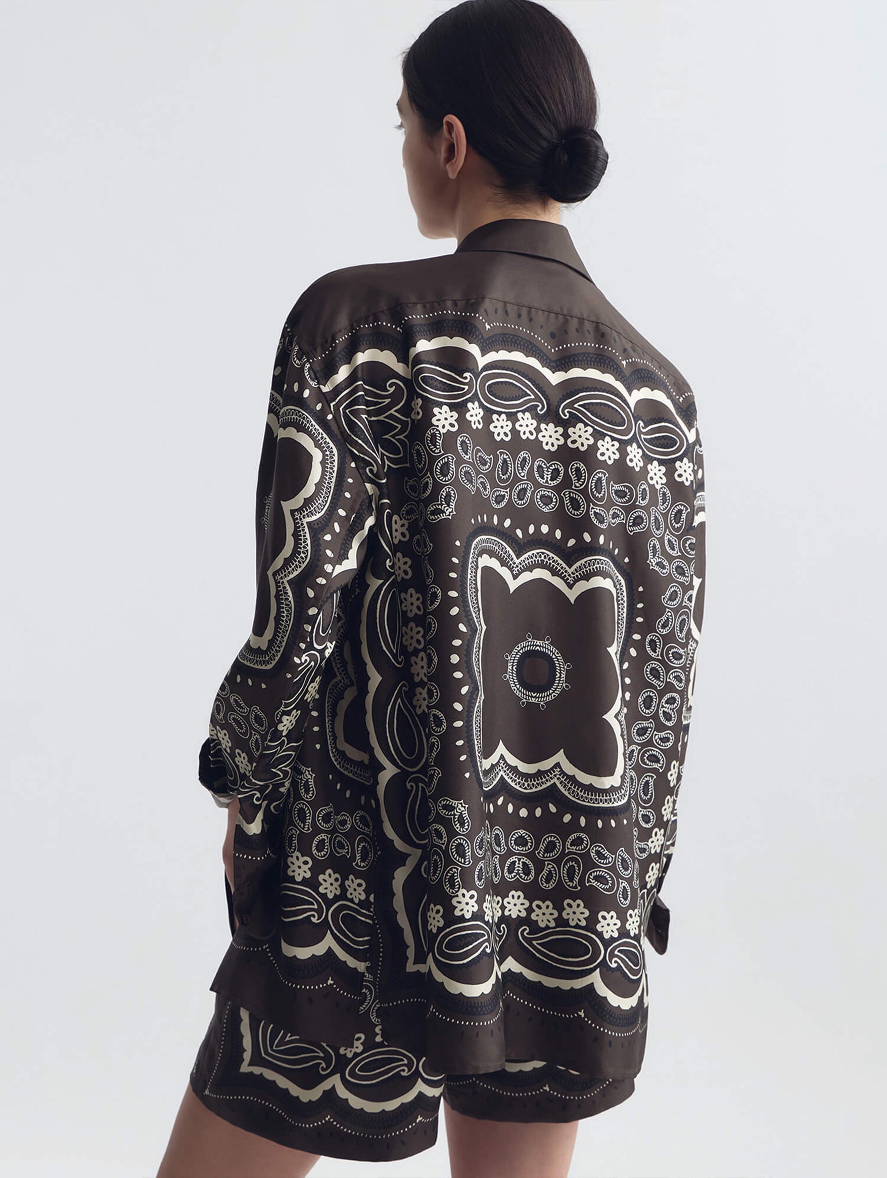 Alfie Silk Shirt in Brown Ivory Bandana Print