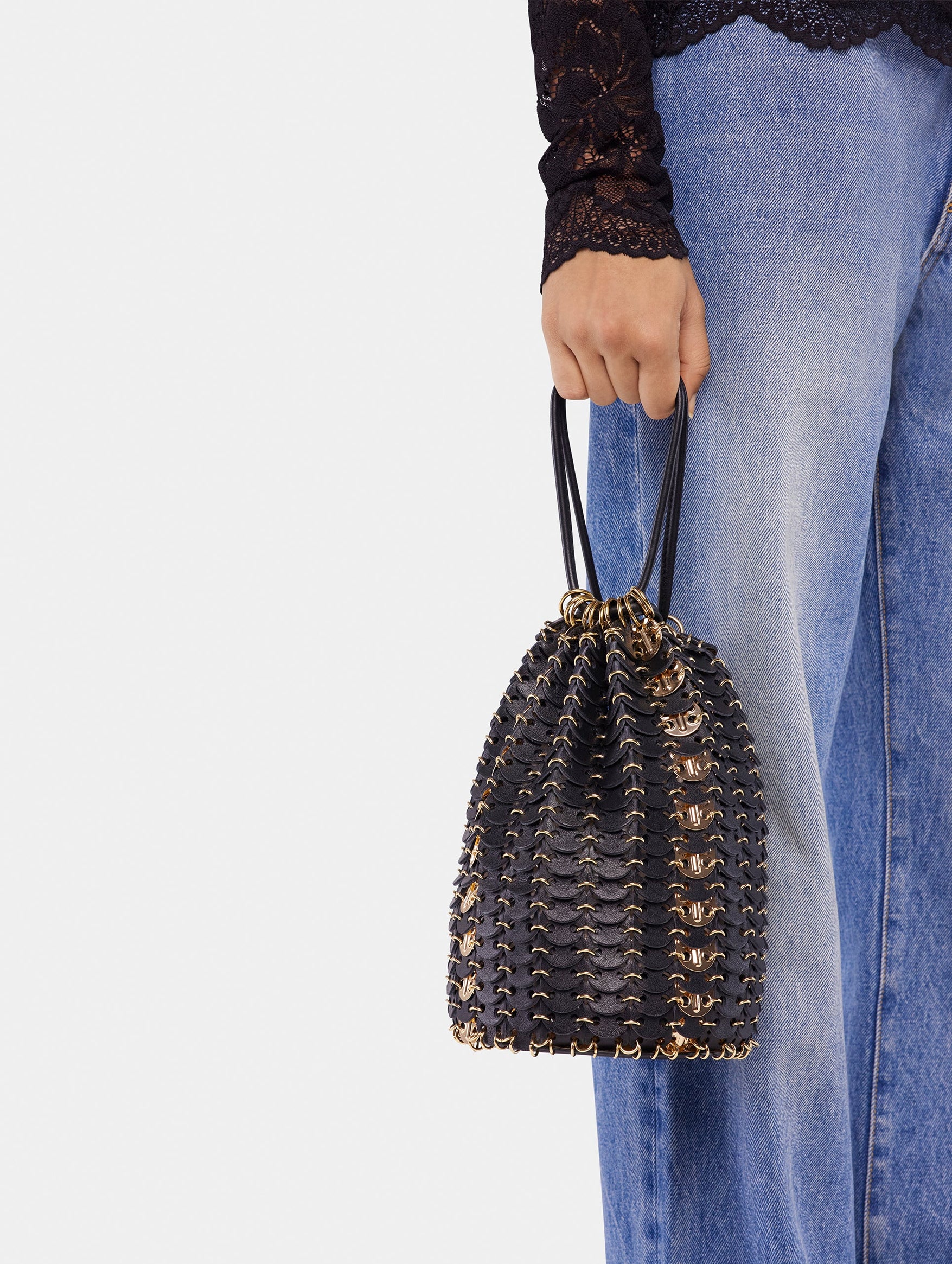 Reversible Bucket Flip Leather Bag in Black and Gold