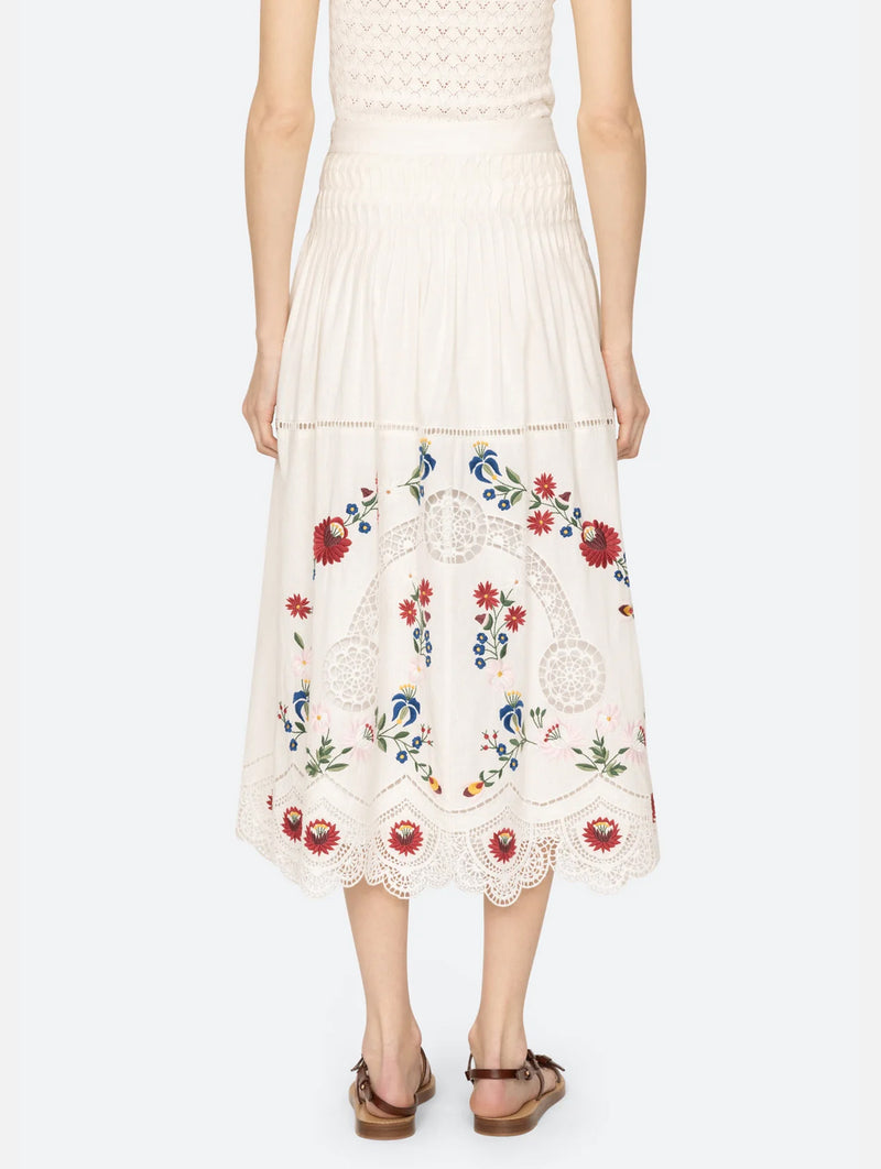 Celia Embroidery Midi Skirt in Cream