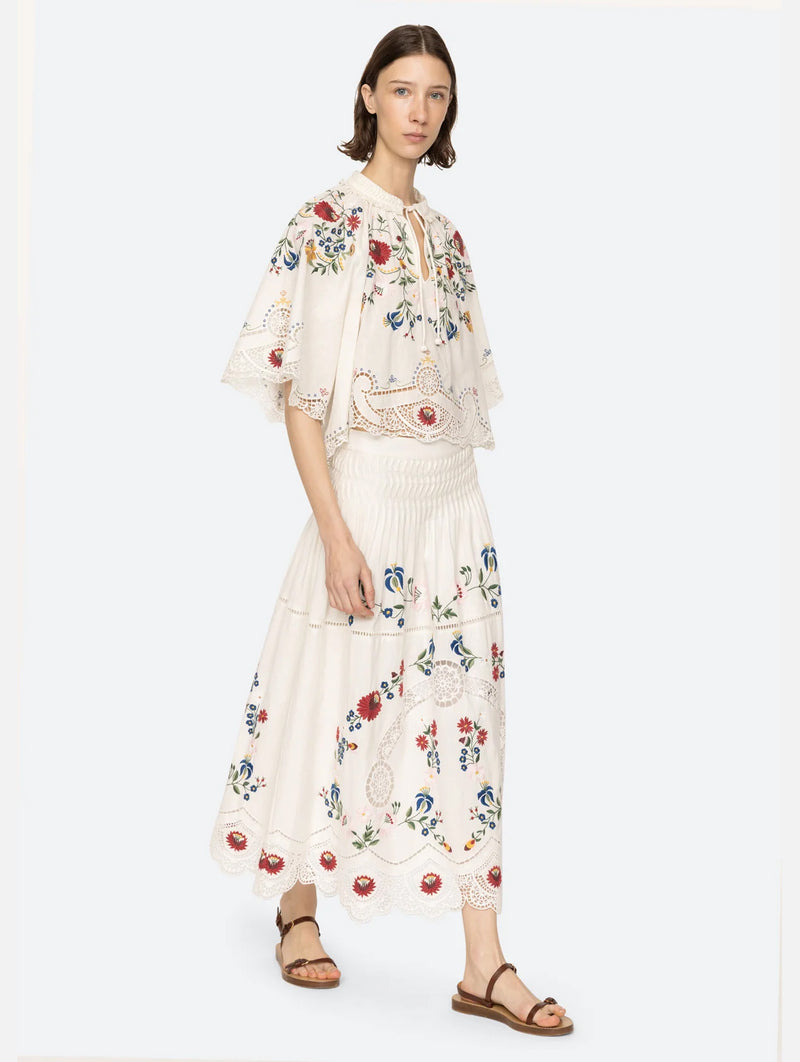 Celia Embroidery Midi Skirt in Cream