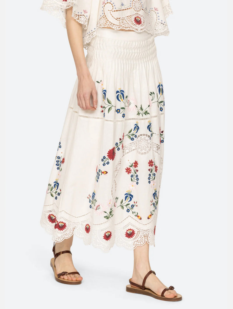 Celia Embroidery Midi Skirt in Cream