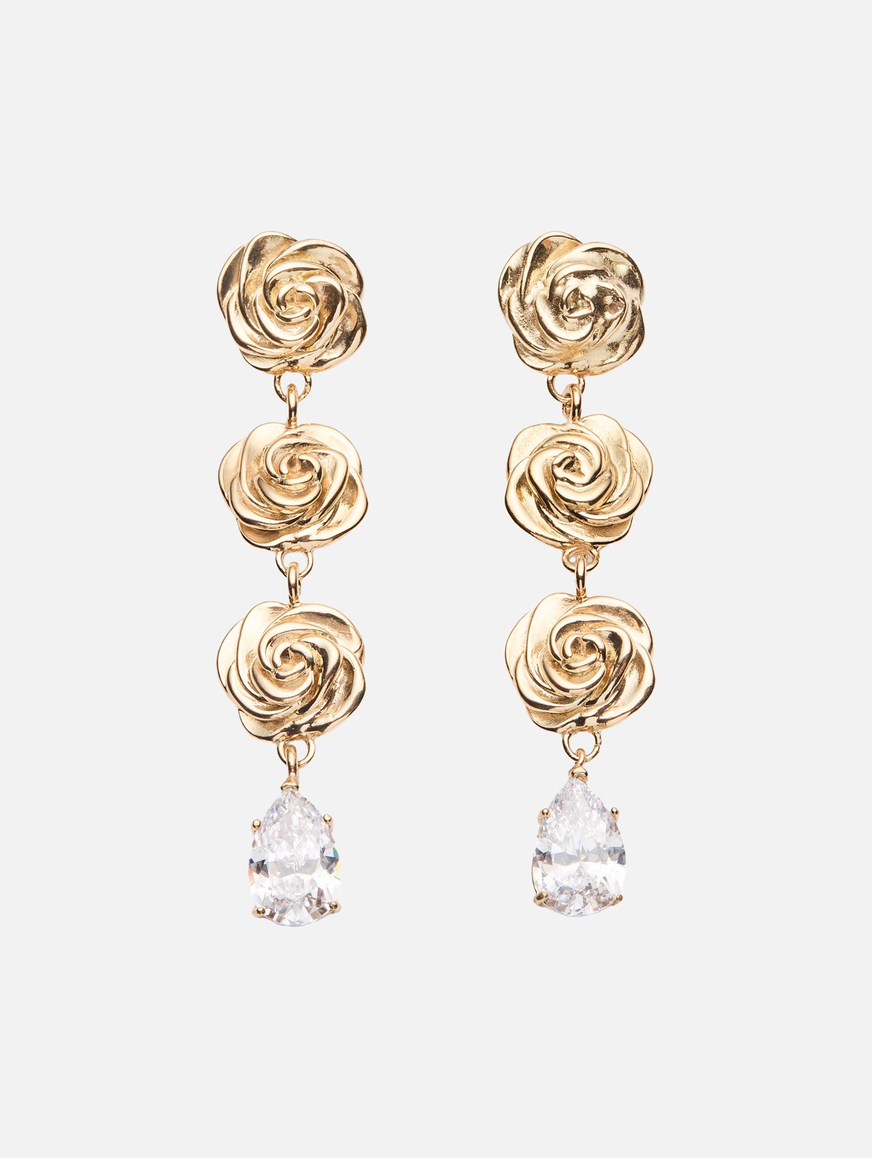 Triple Rose Crystal Drop Earrings in Gold