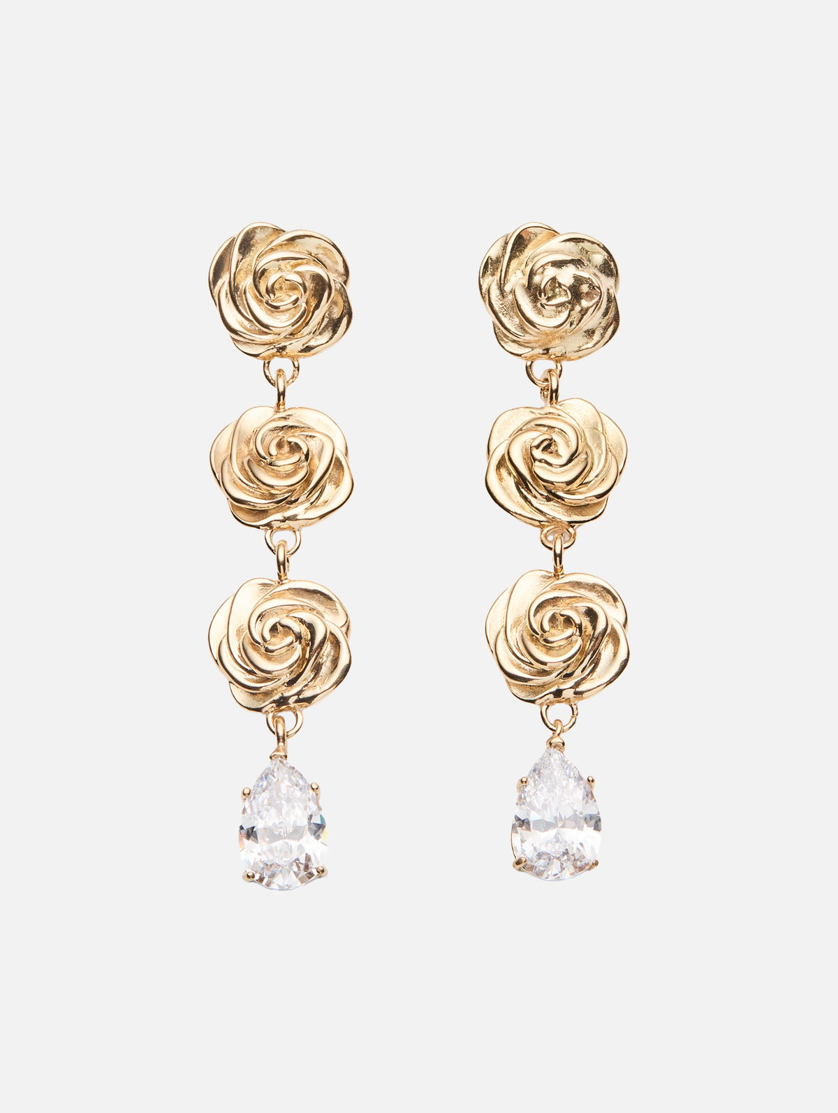 Triple Rose Crystal Drop Earrings in Gold