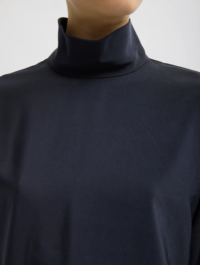 Relaxed Suiting Funnel Neck Dolman Sleeve Top in Navy