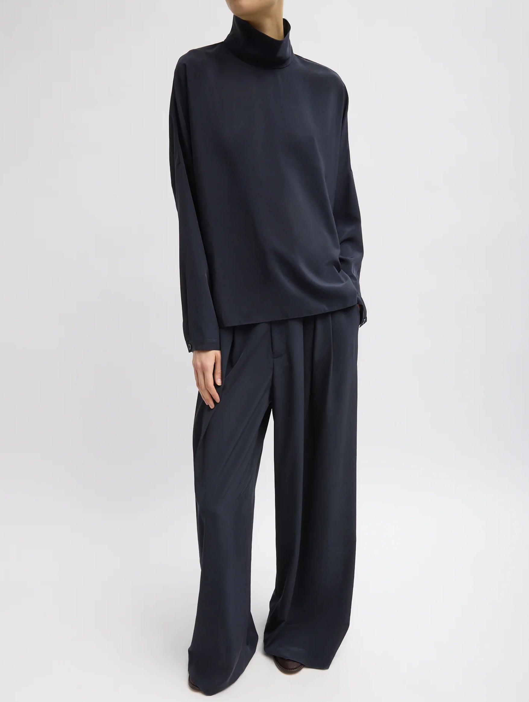 Relaxed Suiting Funnel Neck Dolman Sleeve Top in Navy