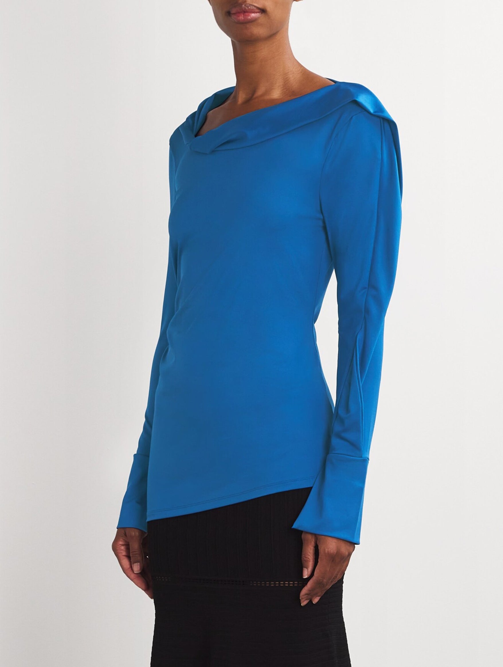 Long Sleeve Draped Jersey Top in Ocean Blue