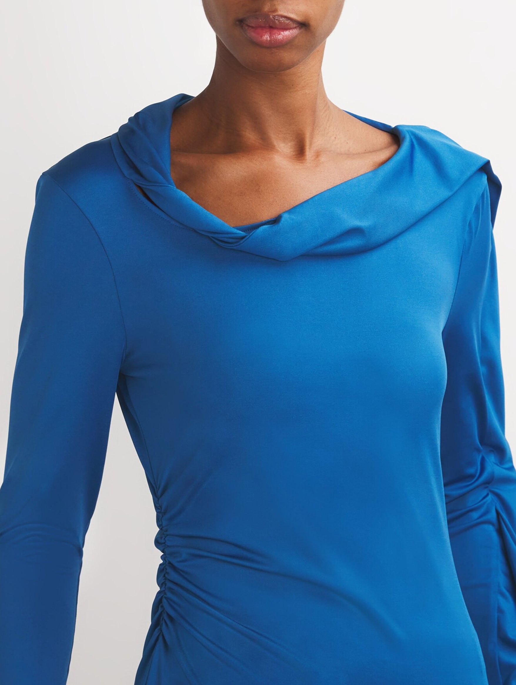 Long Sleeve Draped Jersey Top in Ocean Blue