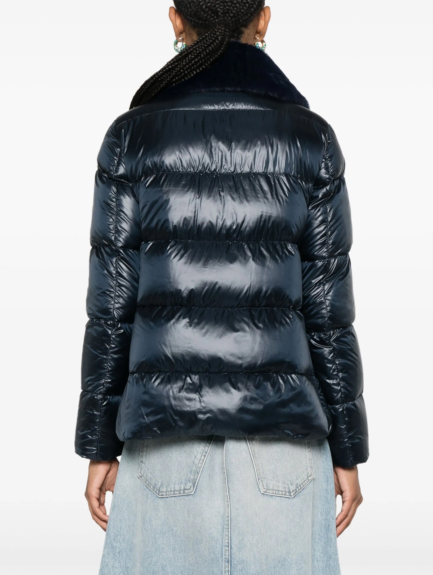 Bomber Jacket with Faux Fur Collar in Blue Navy
