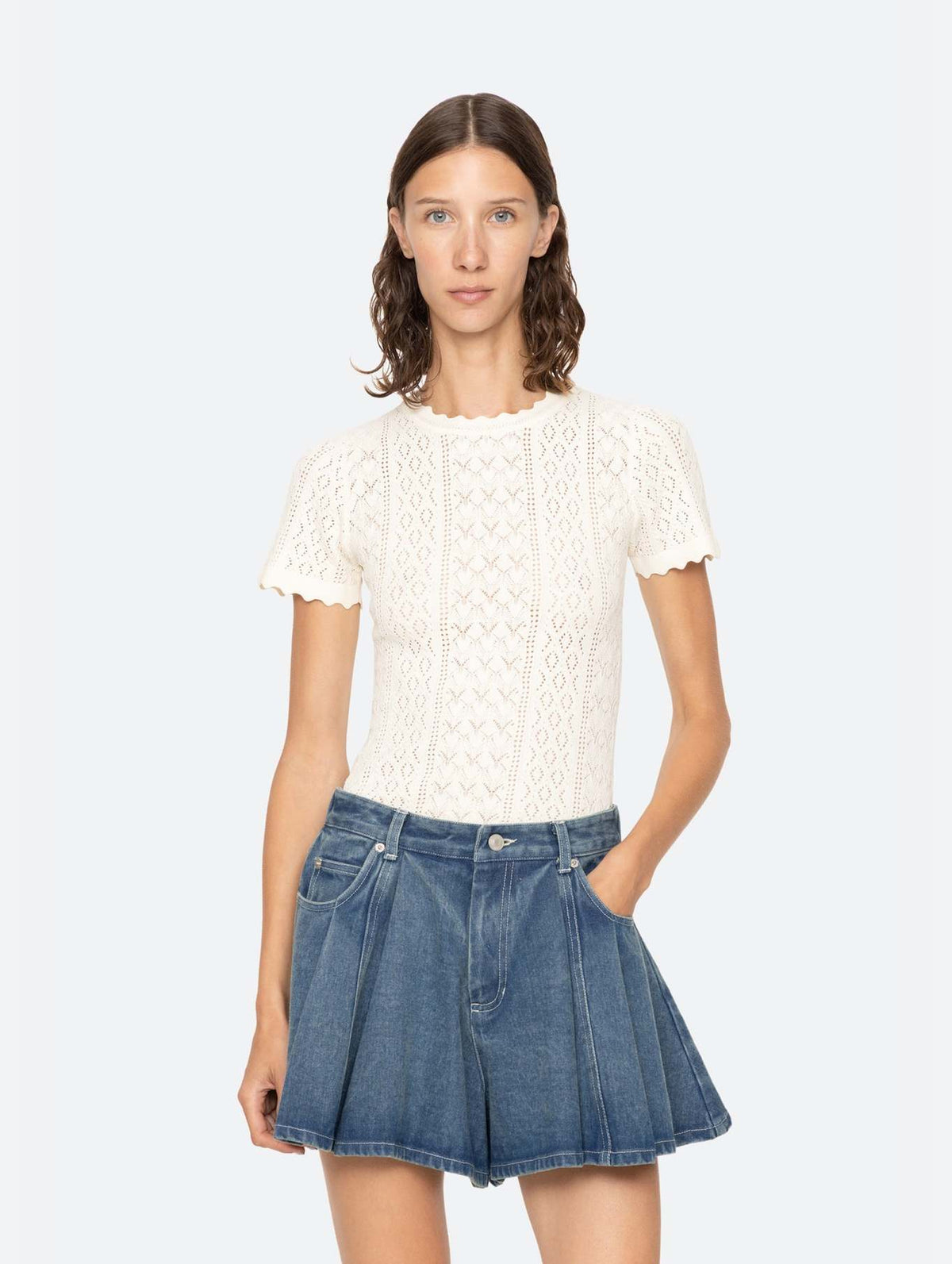 Georgia Knit Short Sleeve Sweater Top in Cream