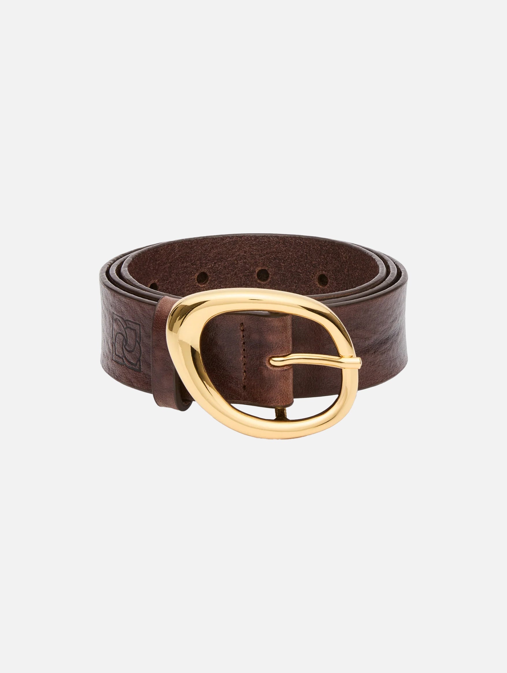 Fluid Buckle Leather Belt in Brown and Gold