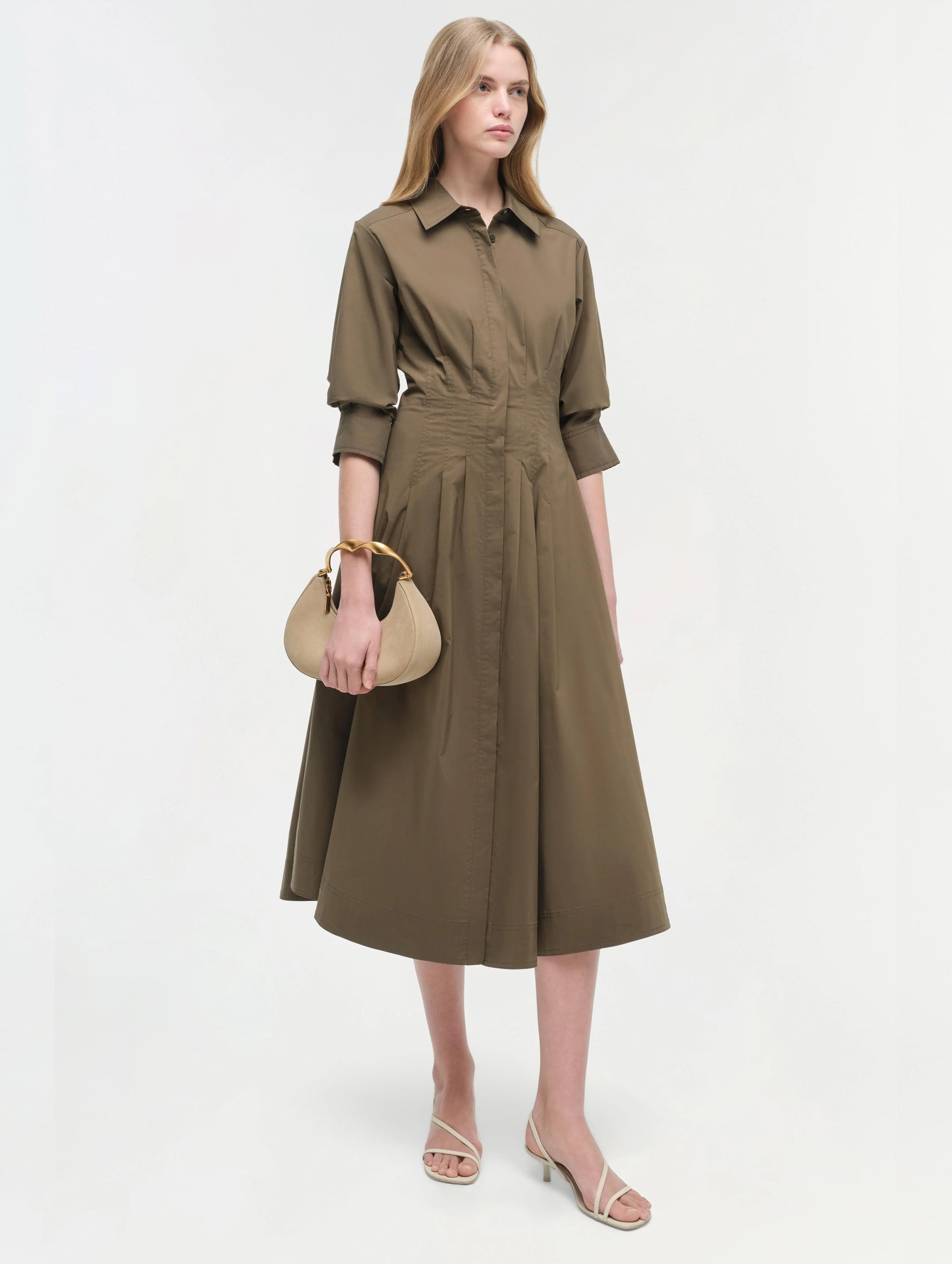 Jazz Pintuck Midi Dress in Faded Olive