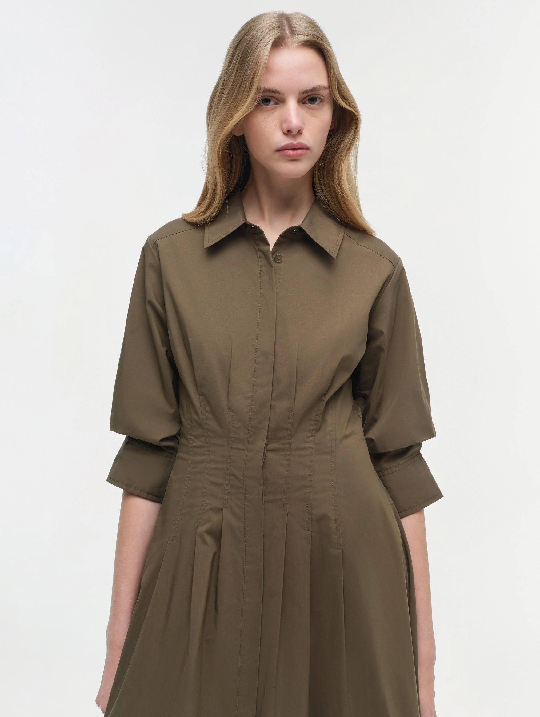 Jazz Pintuck Midi Dress in Faded Olive