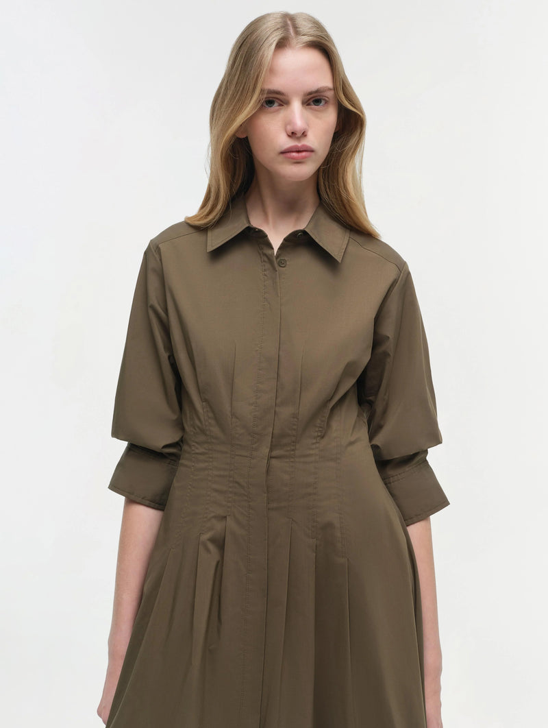 Jazz Pintuck Midi Dress in Faded Olive