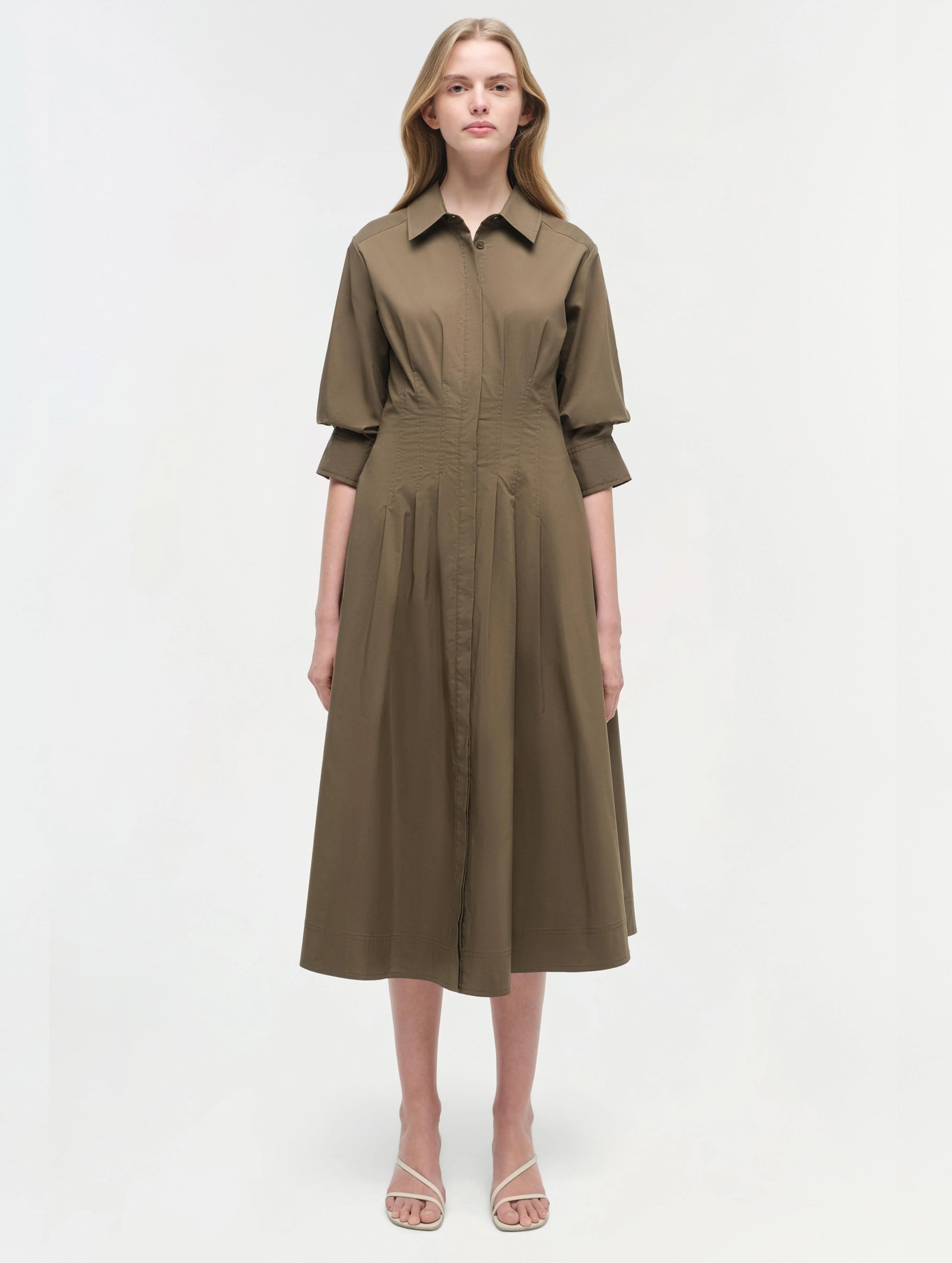 Jazz Pintuck Midi Dress in Faded Olive