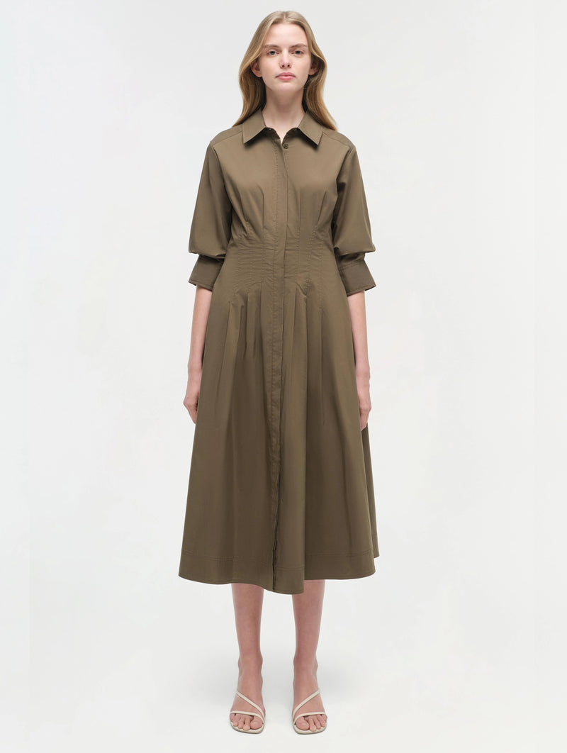 Jazz Pintuck Midi Dress in Faded Olive