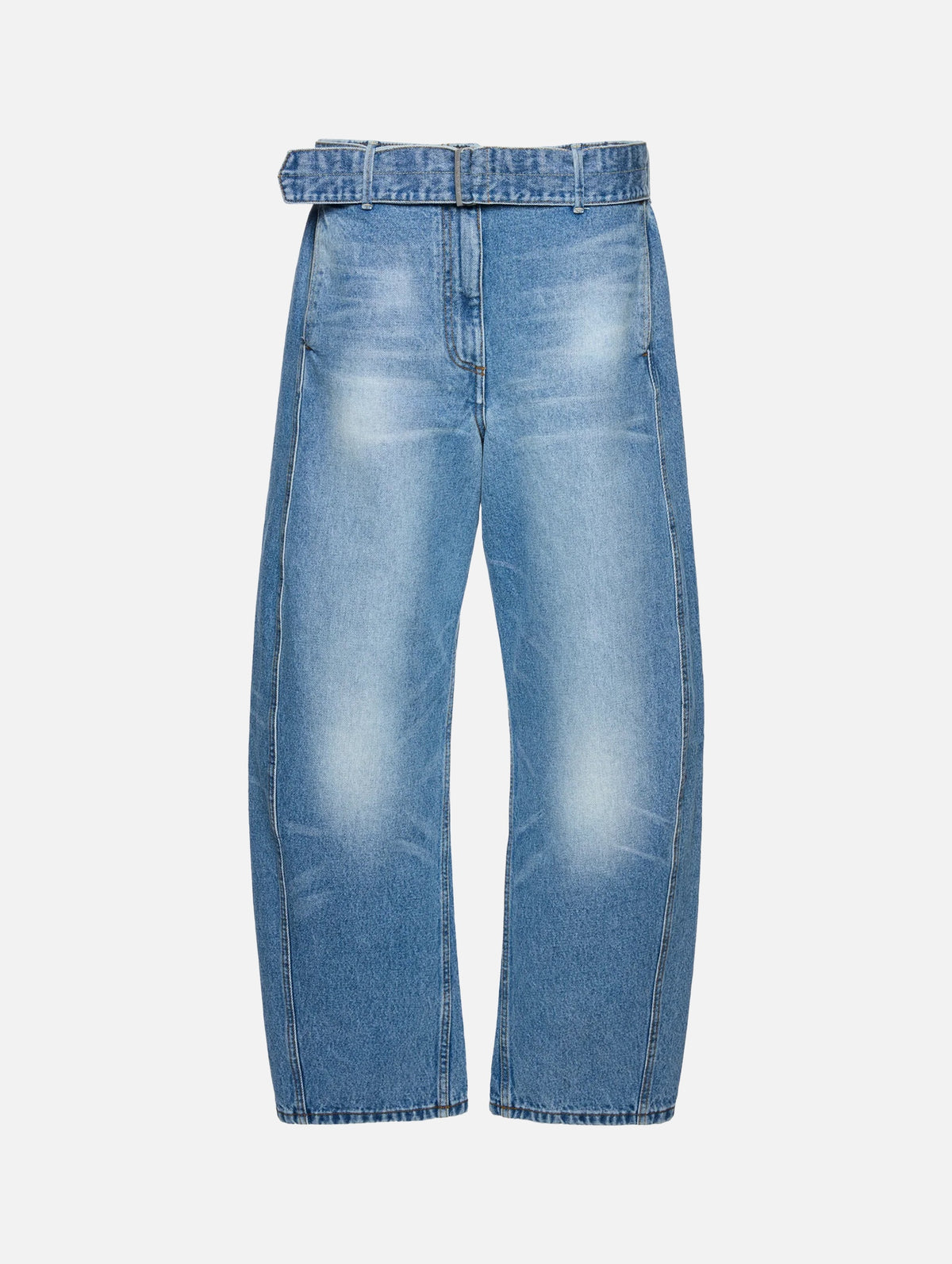 Belted Wide-leg Denim Trousers in Light Blue