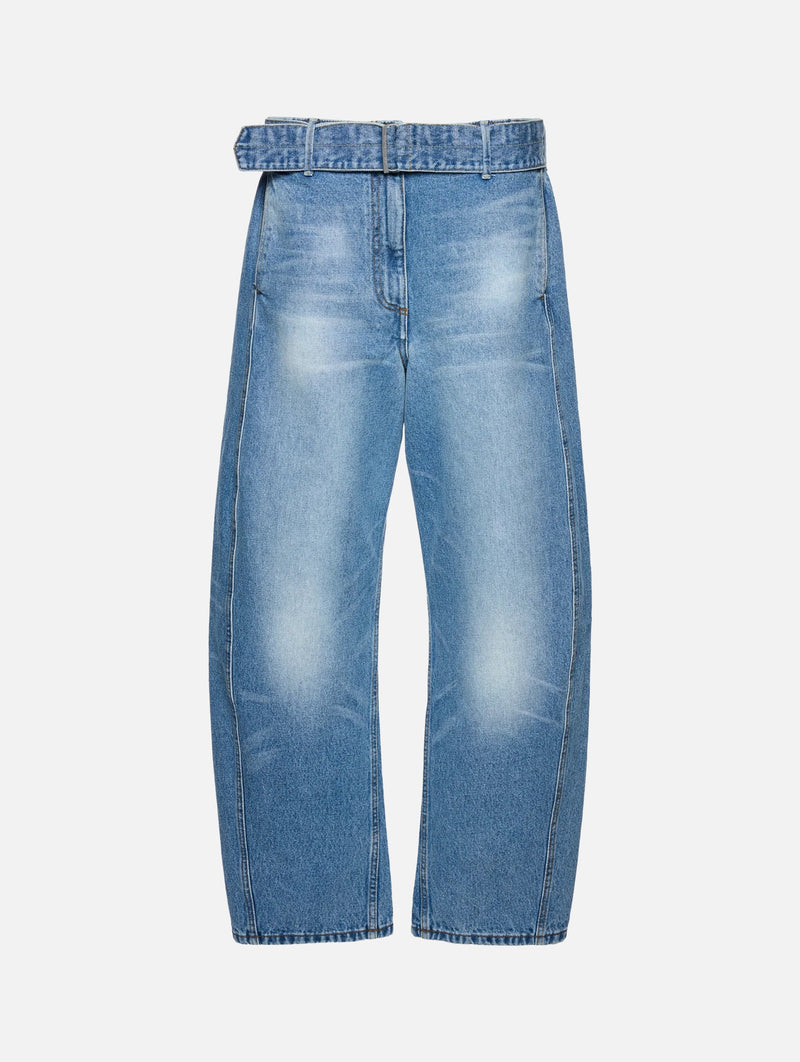 Belted Wide-leg Denim Trousers in Light Blue