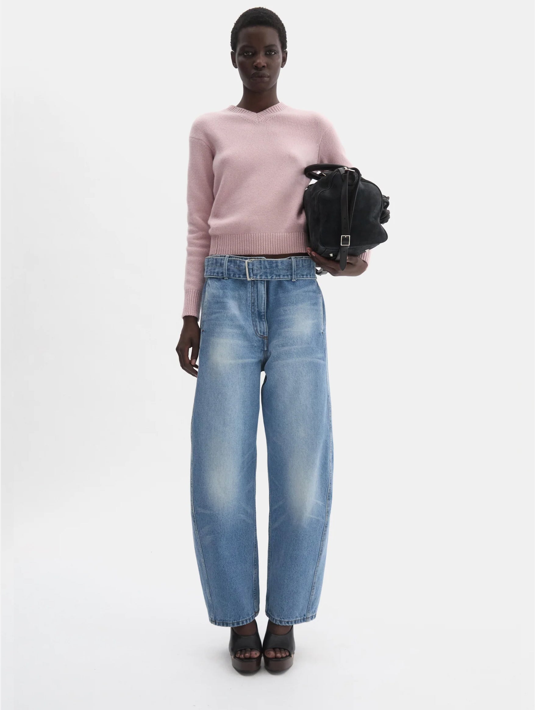 Belted Wide-leg Denim Trousers in Light Blue
