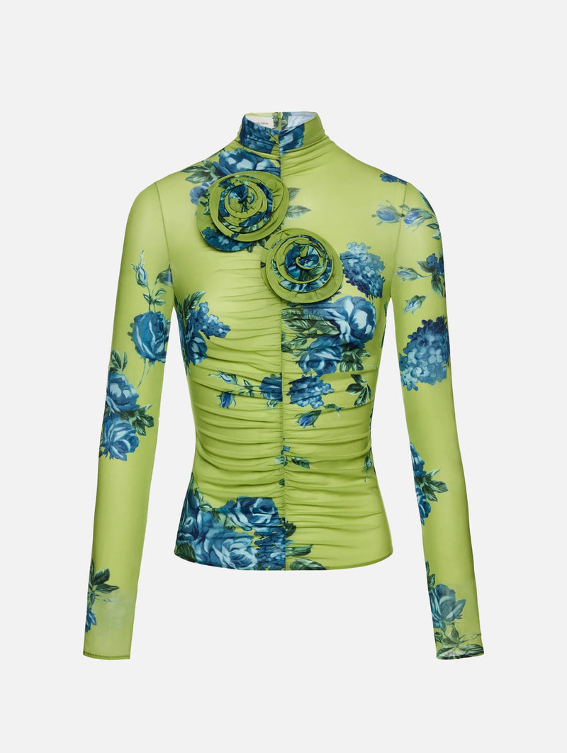 Longsleeve Rose Detail Top in Green Print