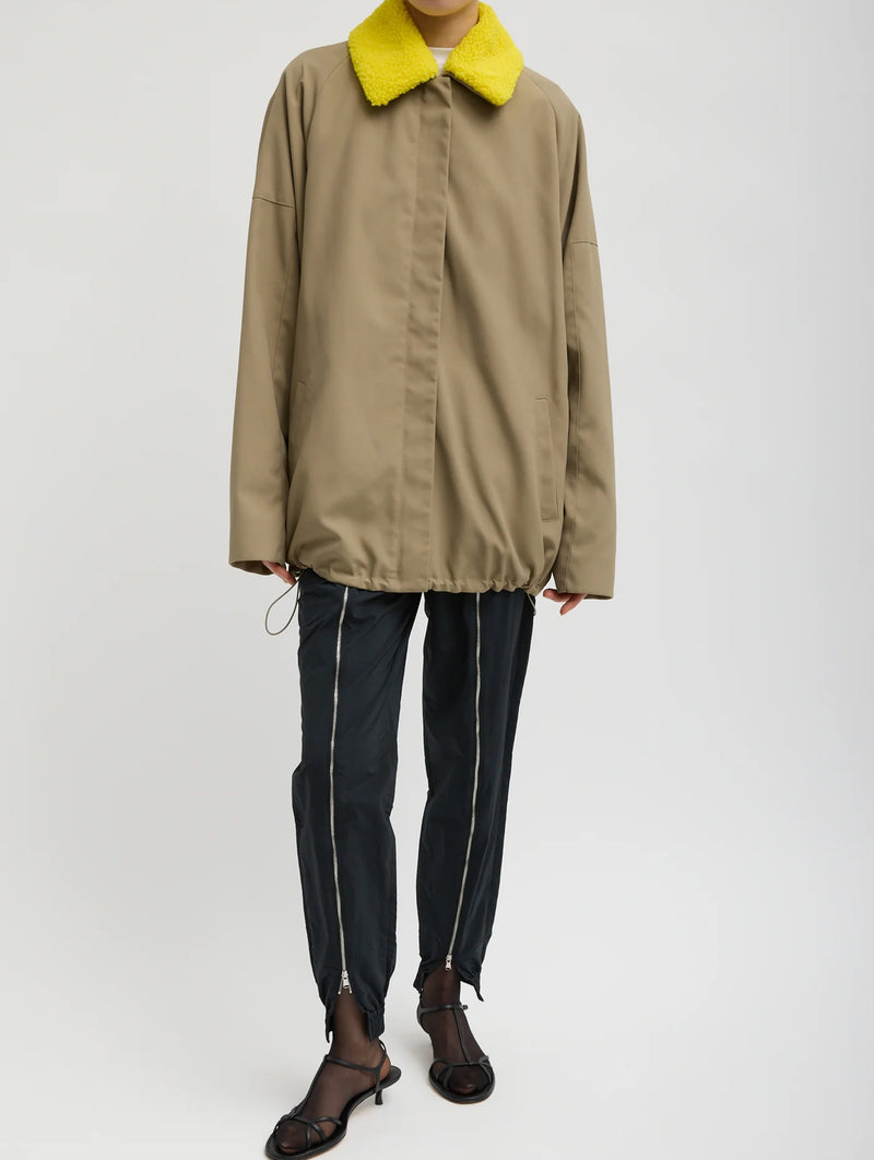 Lotte Nylon Carcoat With Removable Sherpa Collar in Khaki