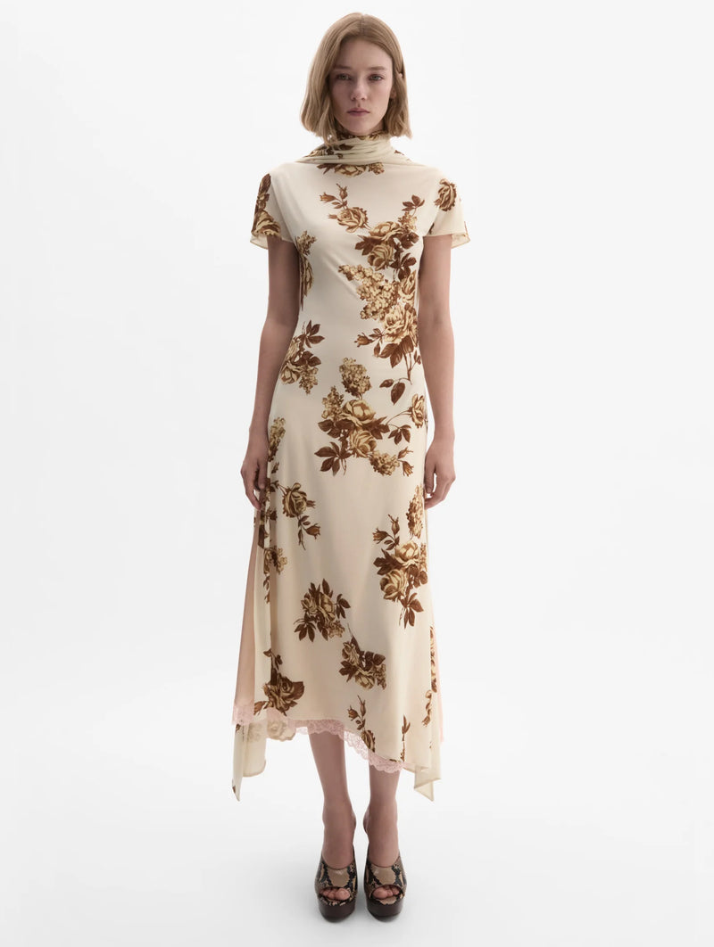 Midi Dress With Scarf Detail in Cream Floral Print