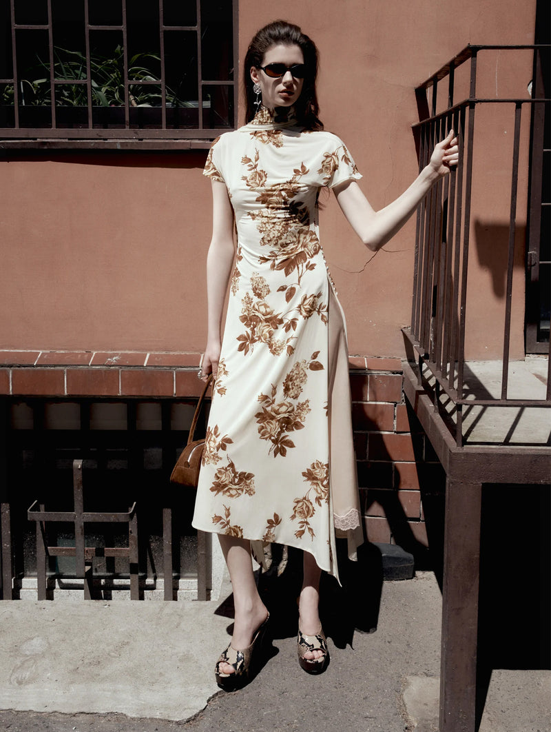 Midi Dress With Scarf Detail in Cream Floral Print