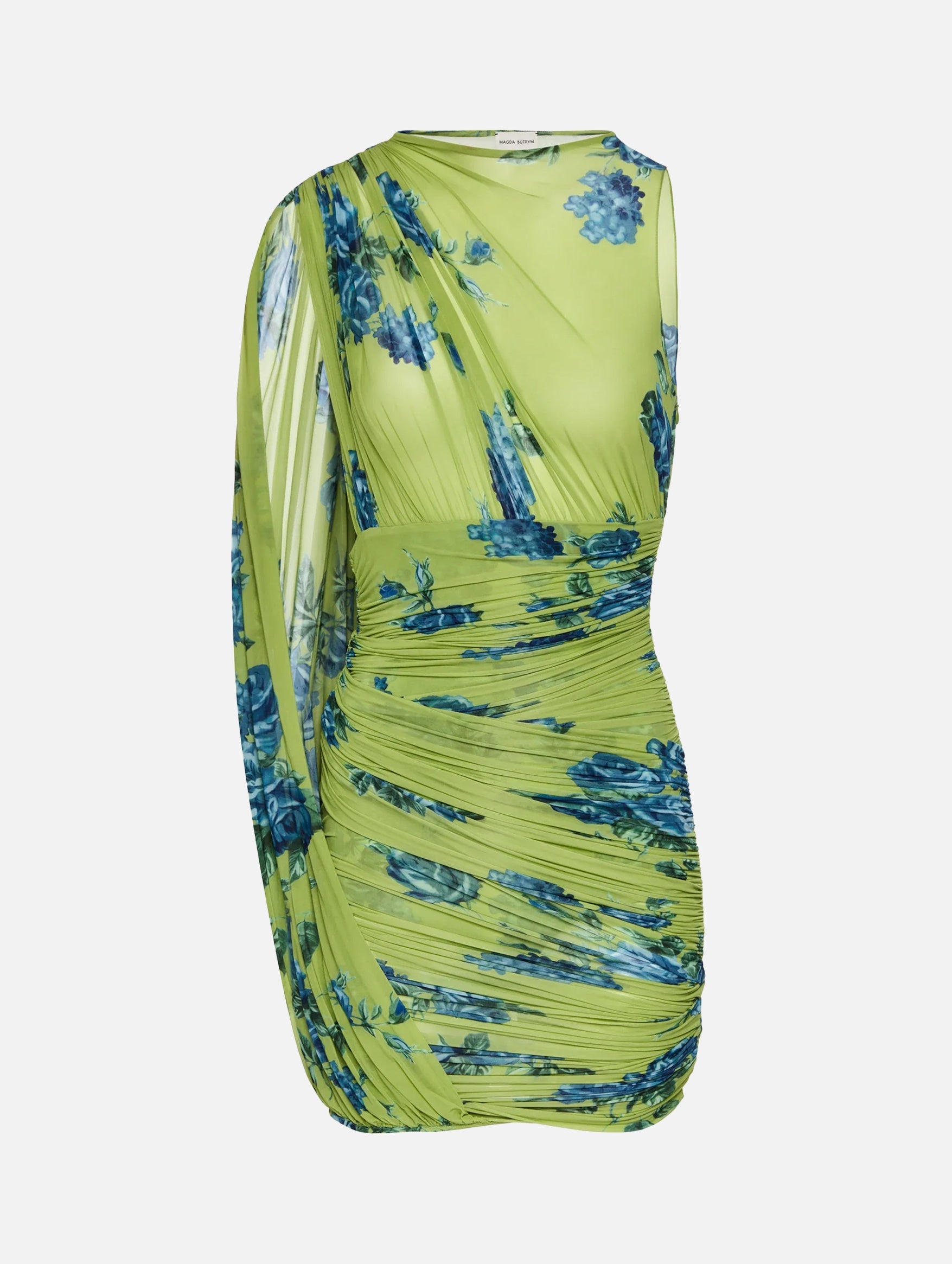 Sheer Draped Mini Dress in Green Print