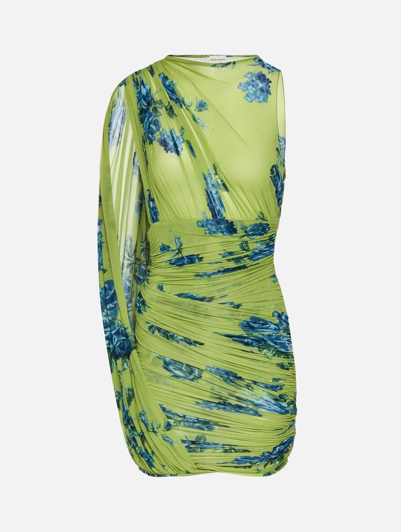Sheer Draped Mini Dress in Green Print