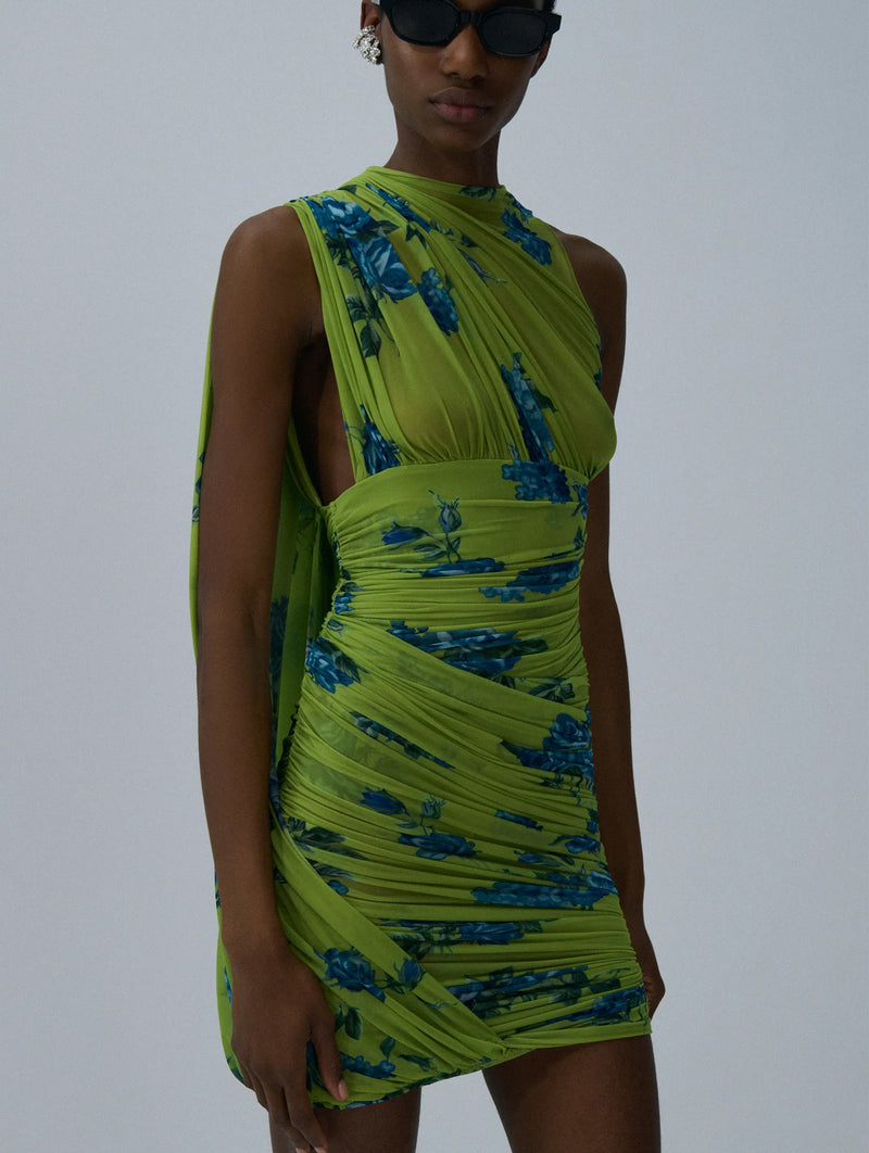Sheer Draped Mini Dress in Green Print