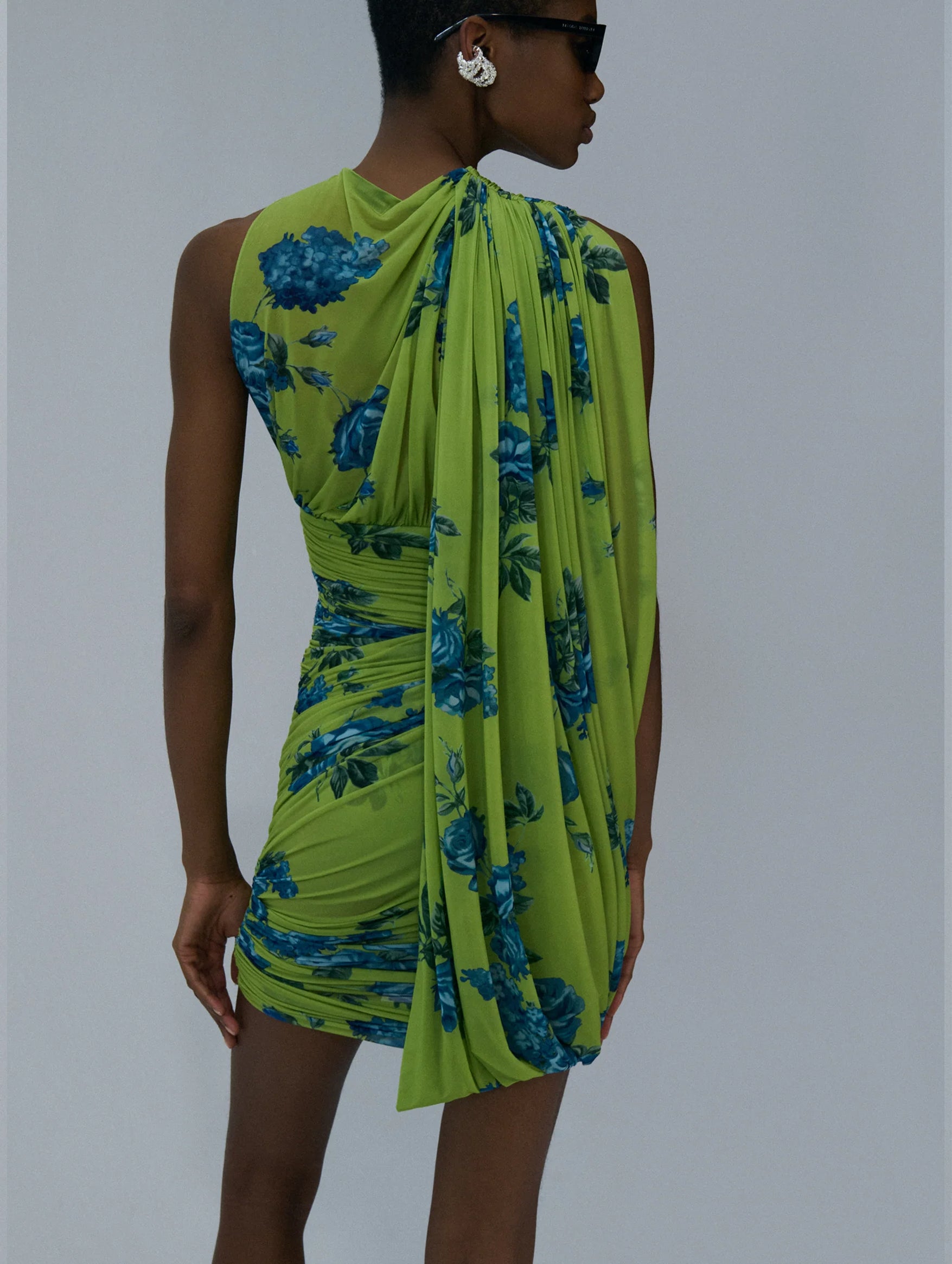 Sheer Draped Mini Dress in Green Print
