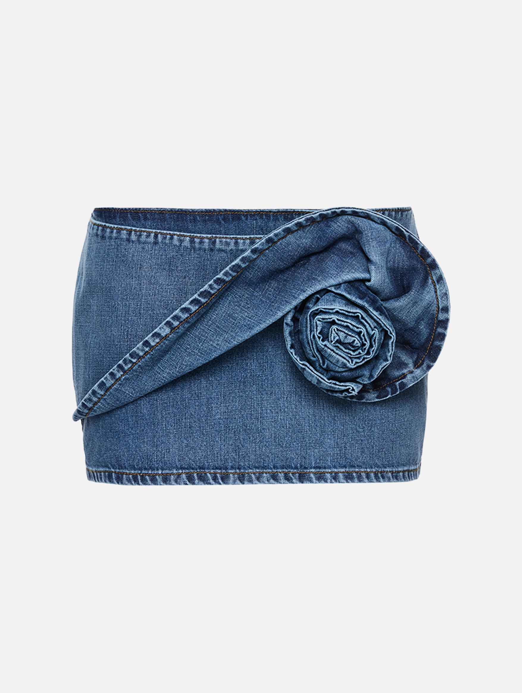Rose-Detail Denim Mini Skirt in Dark Blue