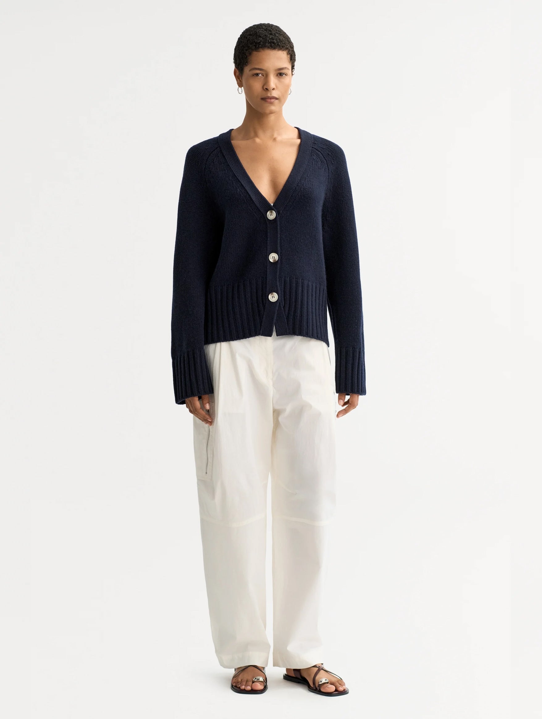 V Neck Cashmere Cardigan in Navy