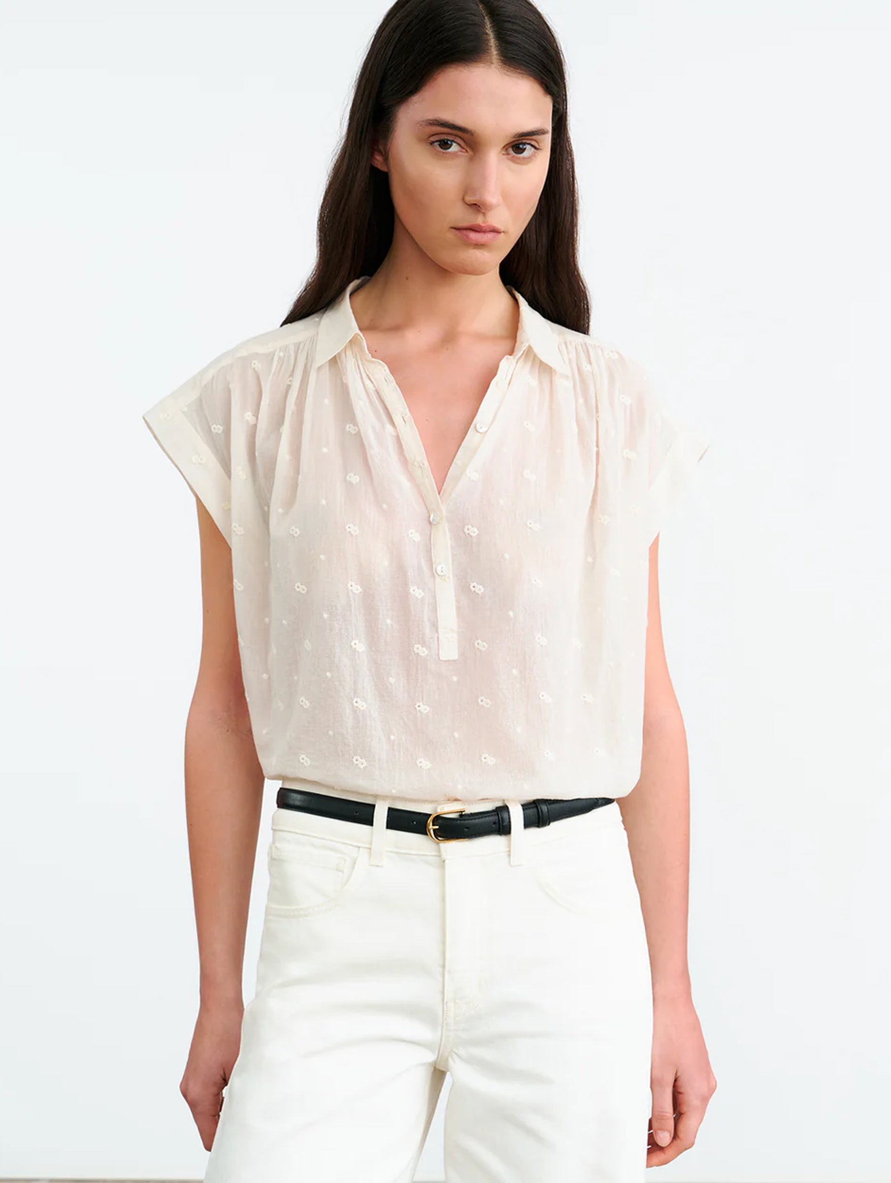 Normandy Embroidered Cotton Blouse in Ivory