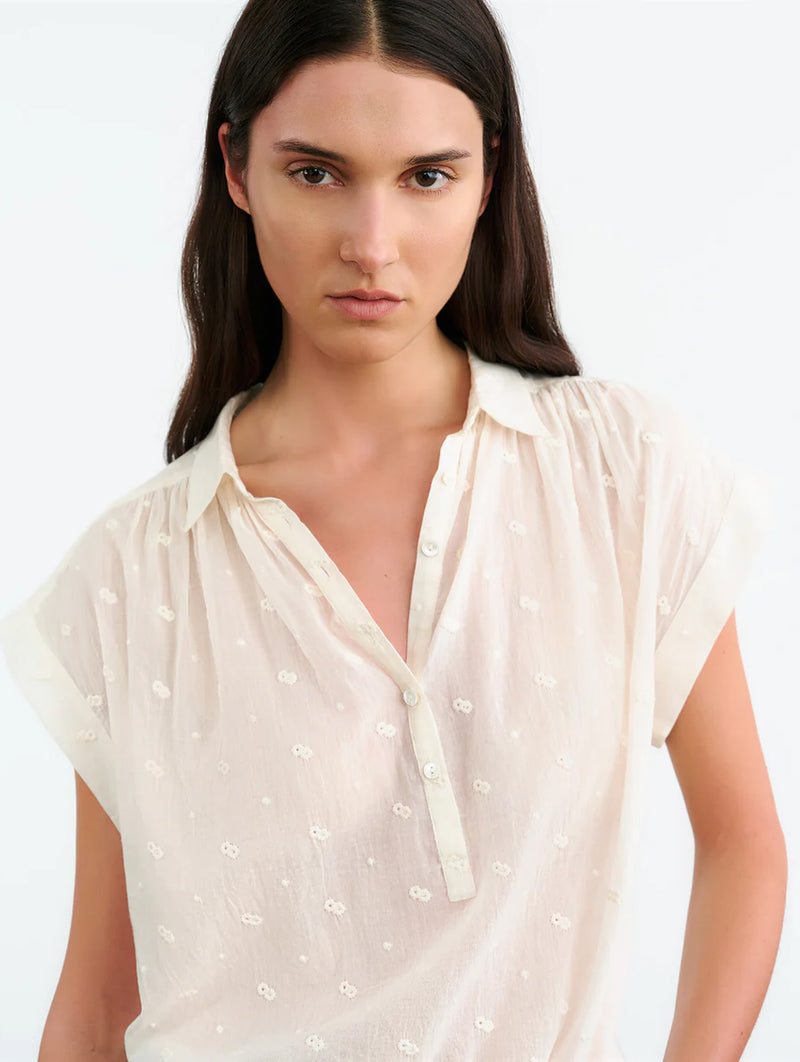 Normandy Embroidered Cotton Blouse in Ivory