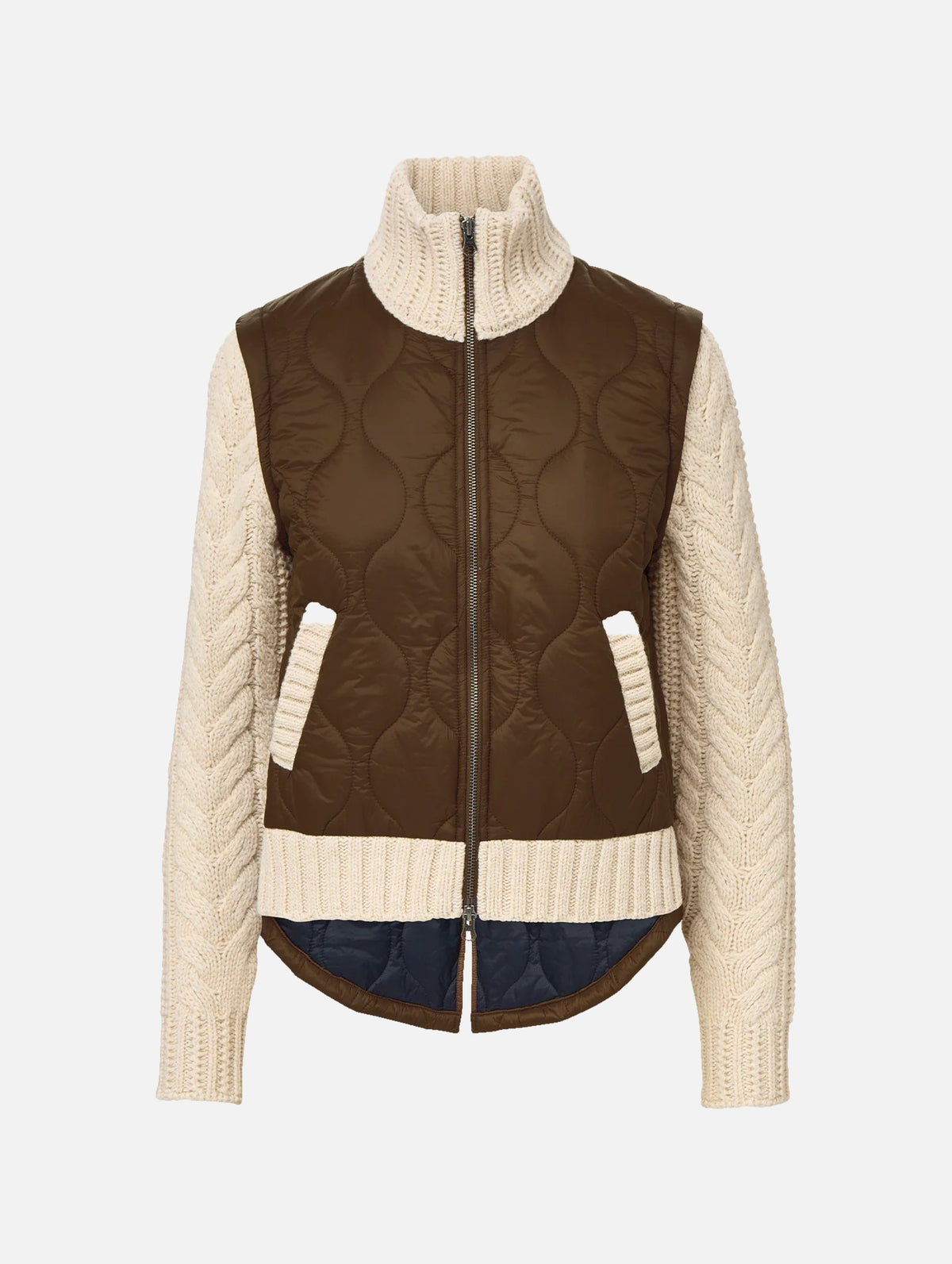 Patra Knit-Sleeve Quilted Jacket in Brown and Cream