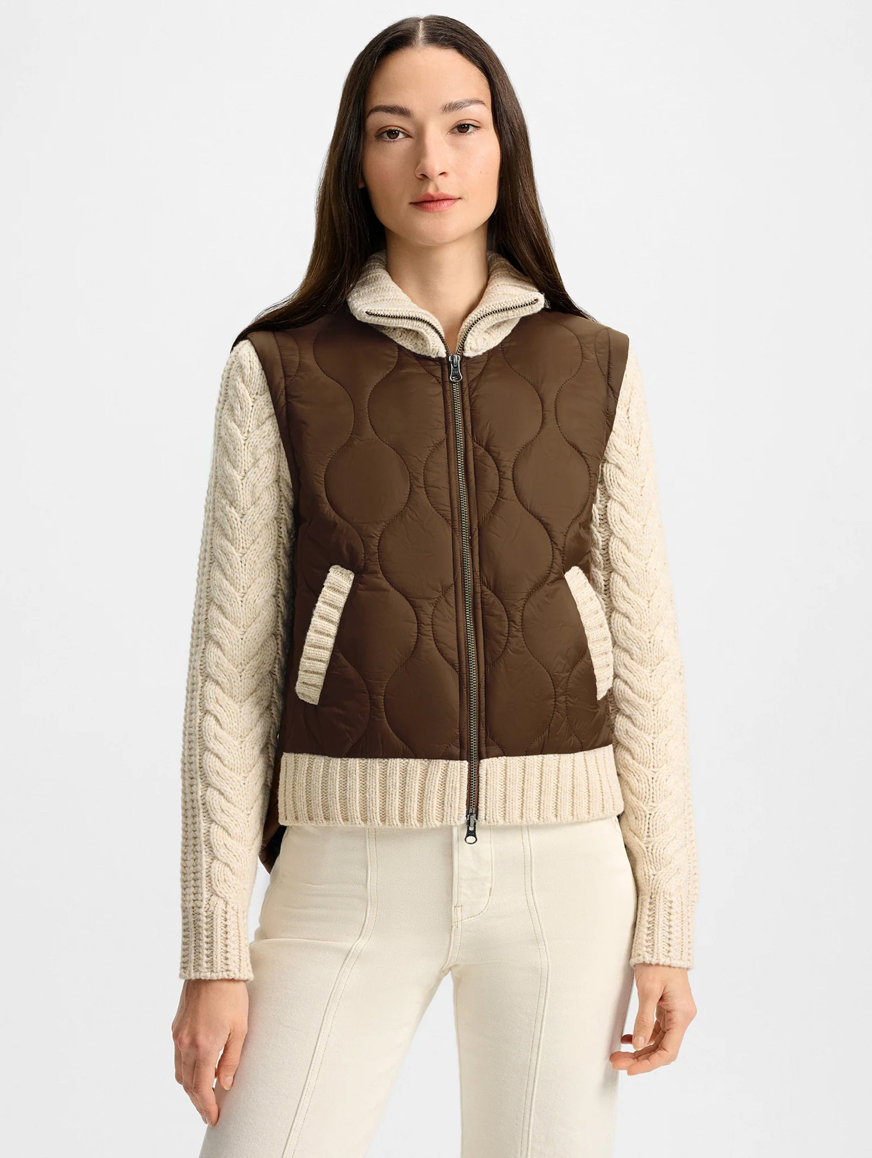 Patra Knit-Sleeve Quilted Jacket in Brown and Cream