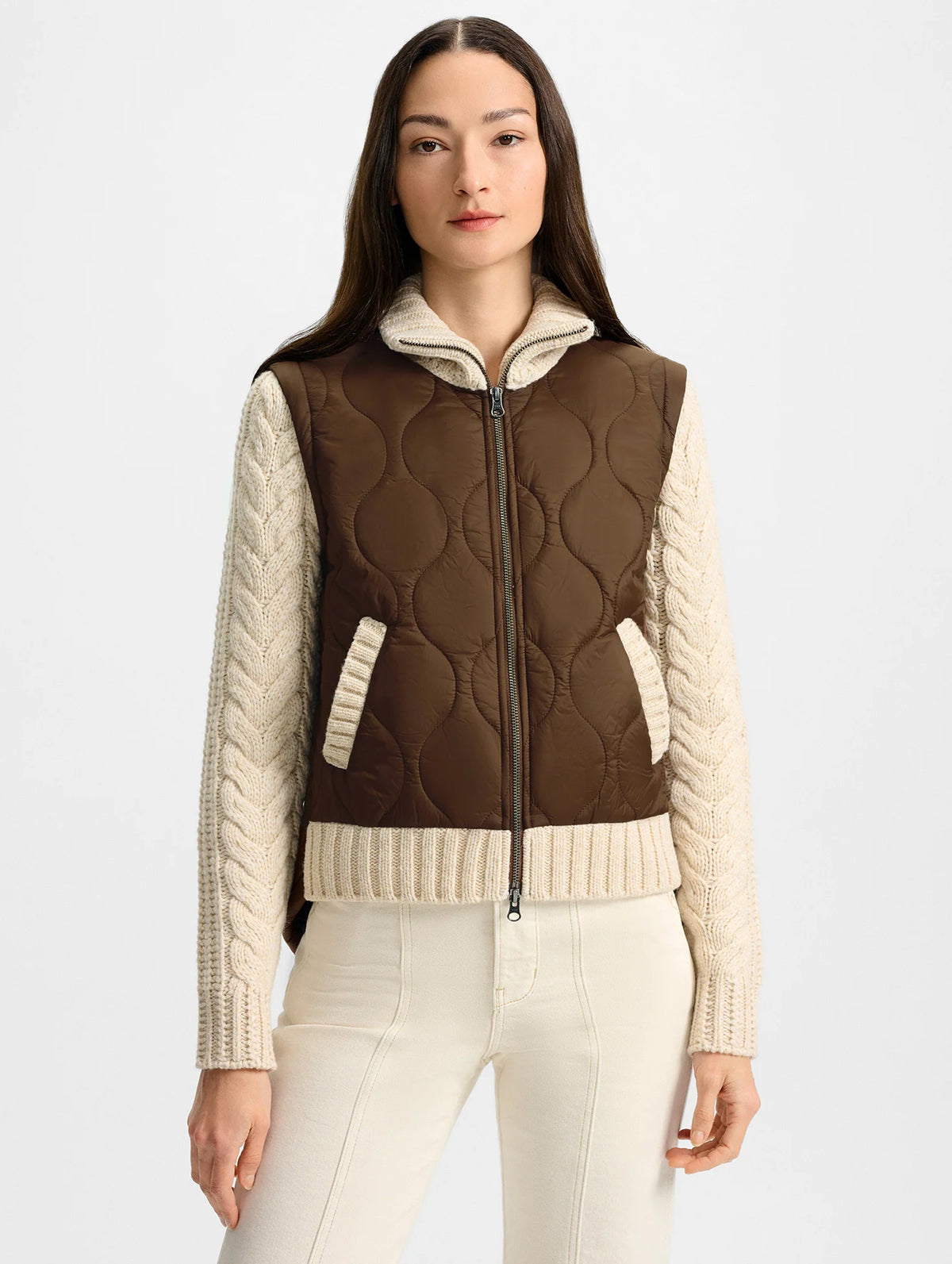 Patra Knit-Sleeve Quilted Jacket in Brown and Cream