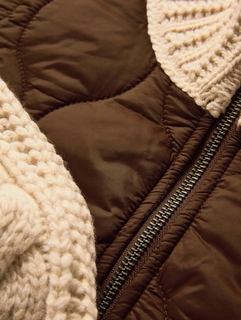 Patra Knit-Sleeve Quilted Jacket in Brown and Cream