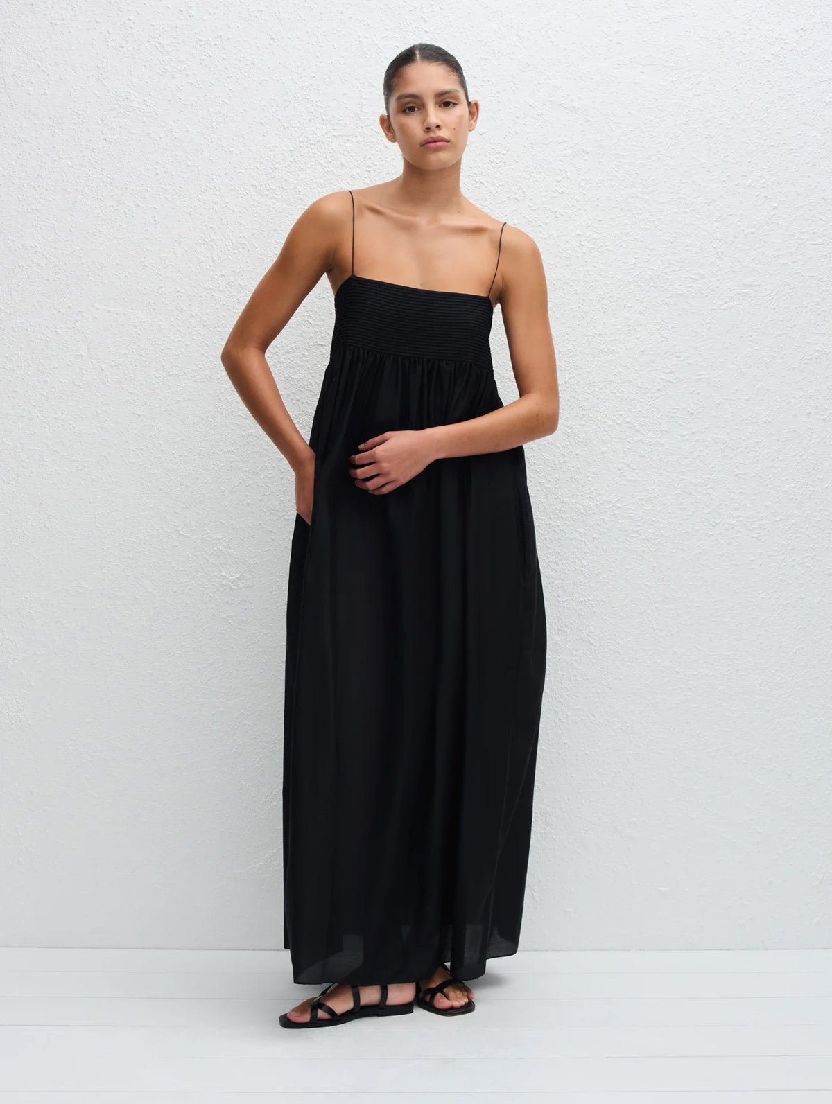Empire Pintuck Bodice Dress in Black