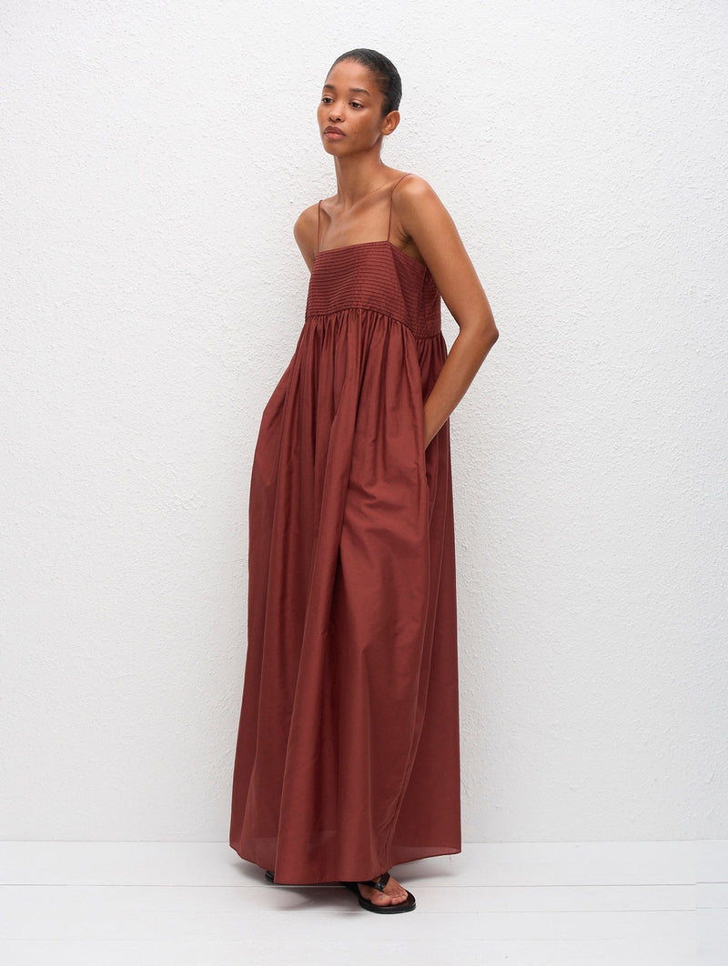 Empire Pintuck Bodice Dress in Maroc