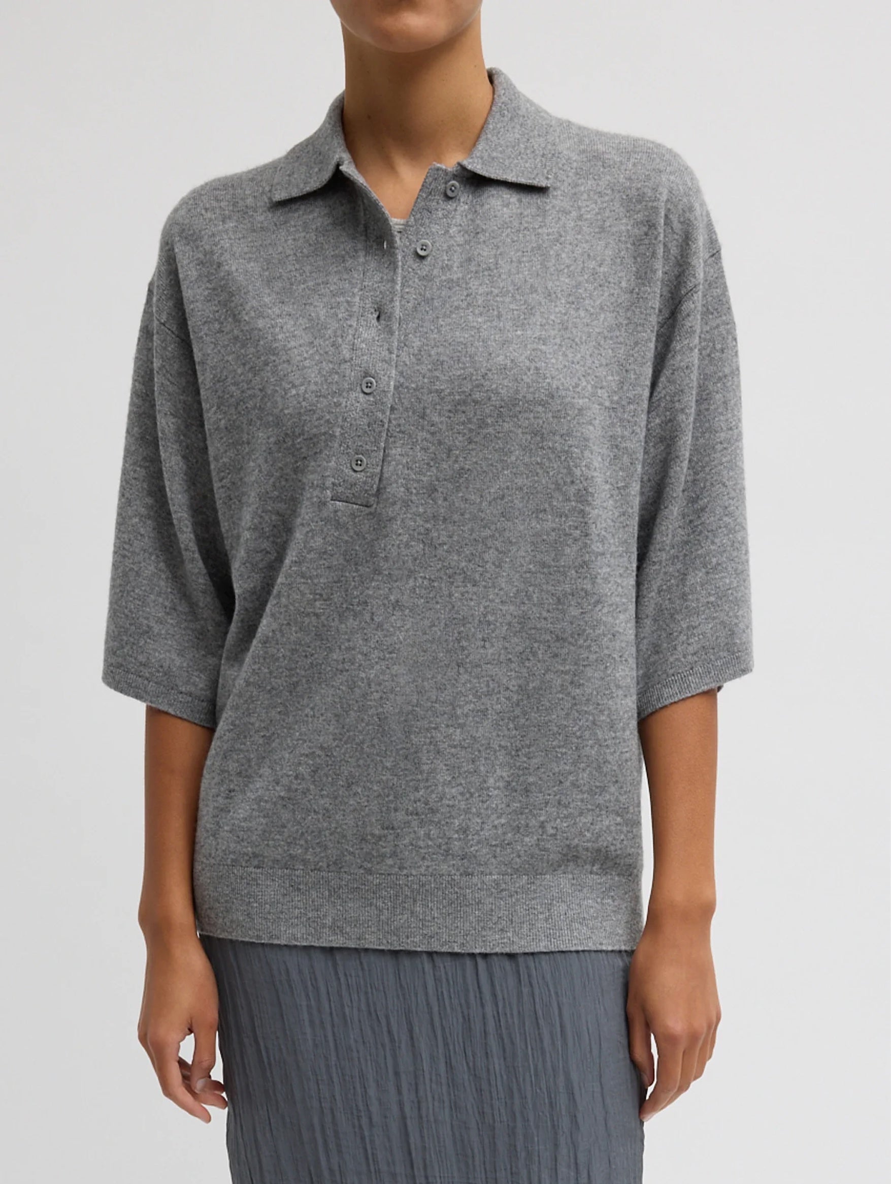Washable Cashmere Oversized Easy Polo in Heather Grey