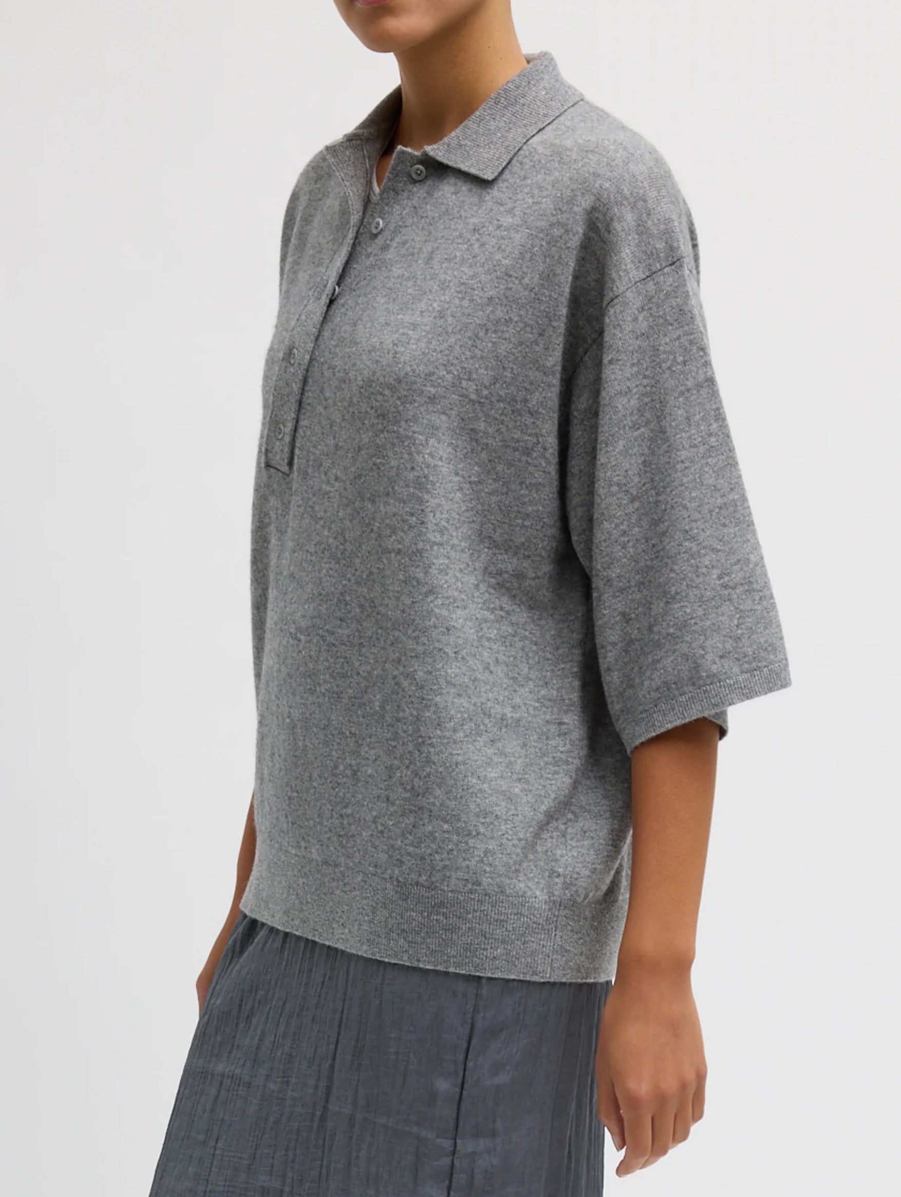 Washable Cashmere Oversized Easy Polo in Heather Grey