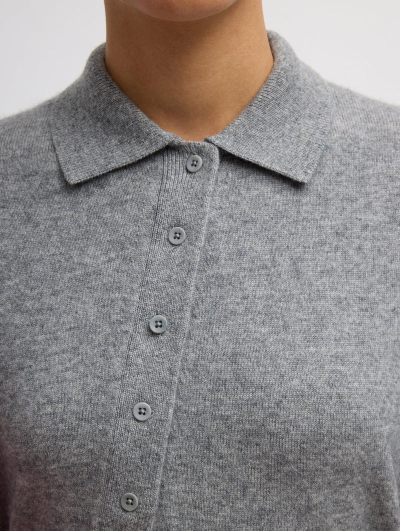 Washable Cashmere Oversized Easy Polo in Heather Grey