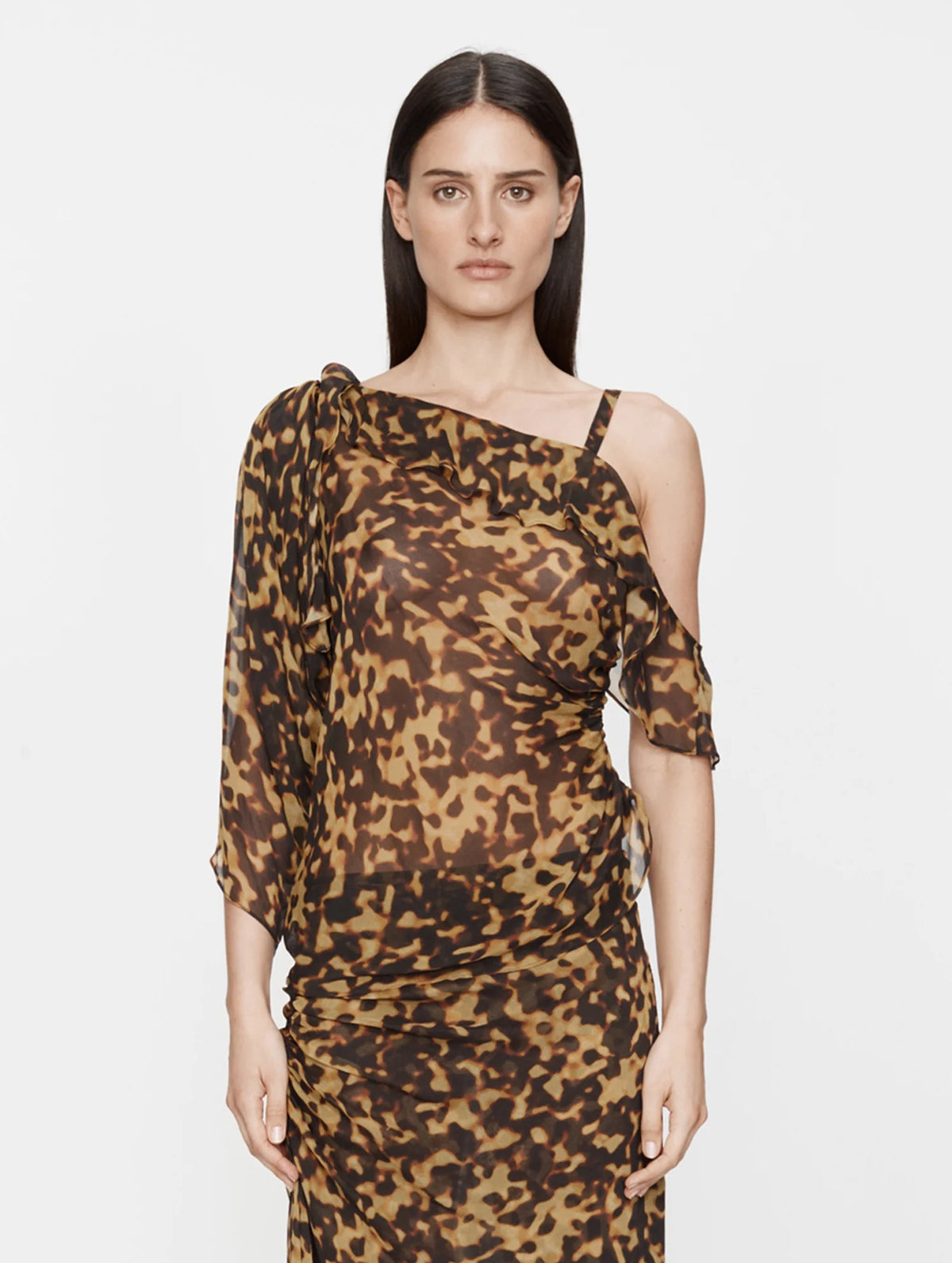 Roule Trimmed Silk Draped Top in Tortoiseshell