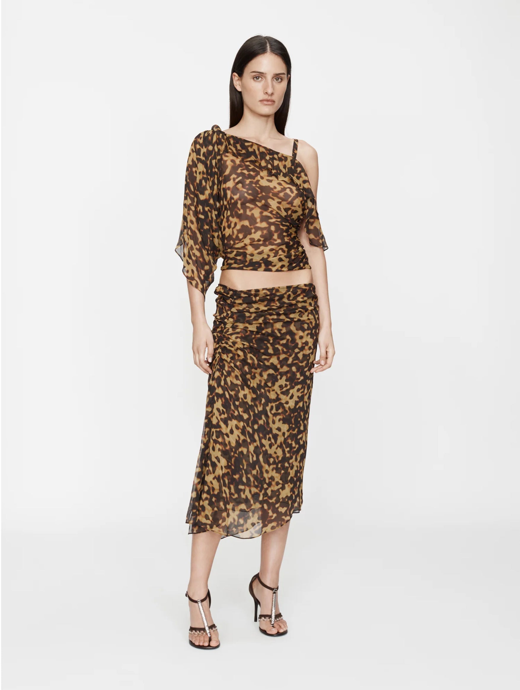 Roule Trimmed Silk Draped Top in Tortoiseshell