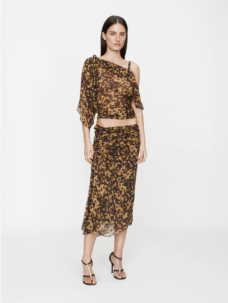 Roule Trimmed Silk Draped Top in Tortoiseshell
