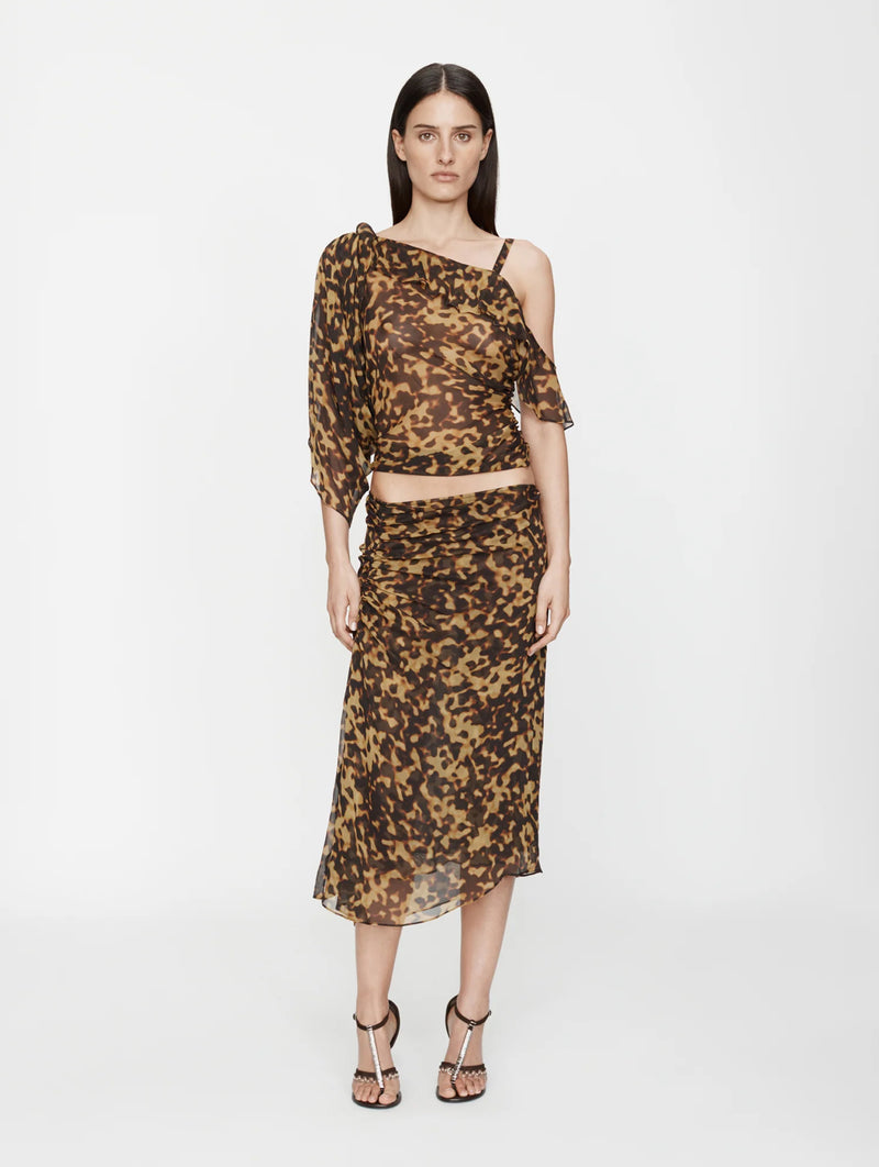 Roule Trimmed Silk Draped Top in Tortoiseshell