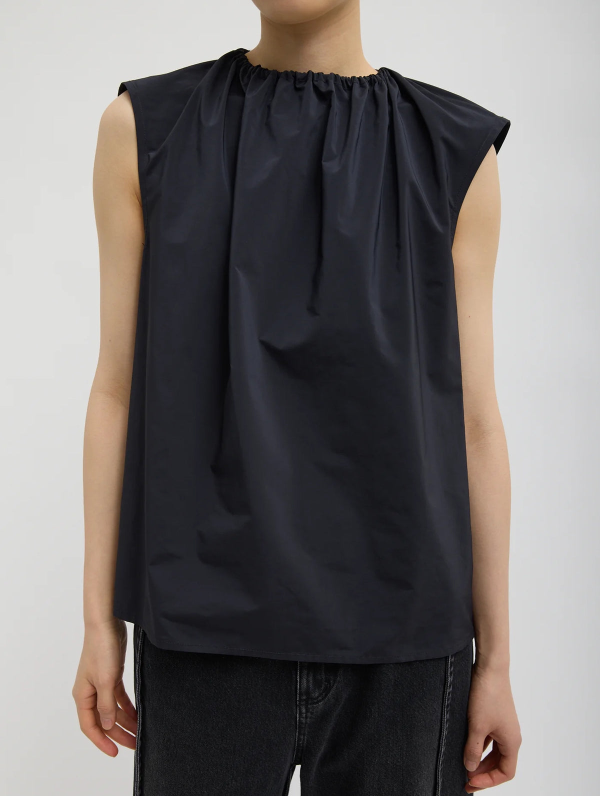 Nylon Shirred Neck Top in Navy