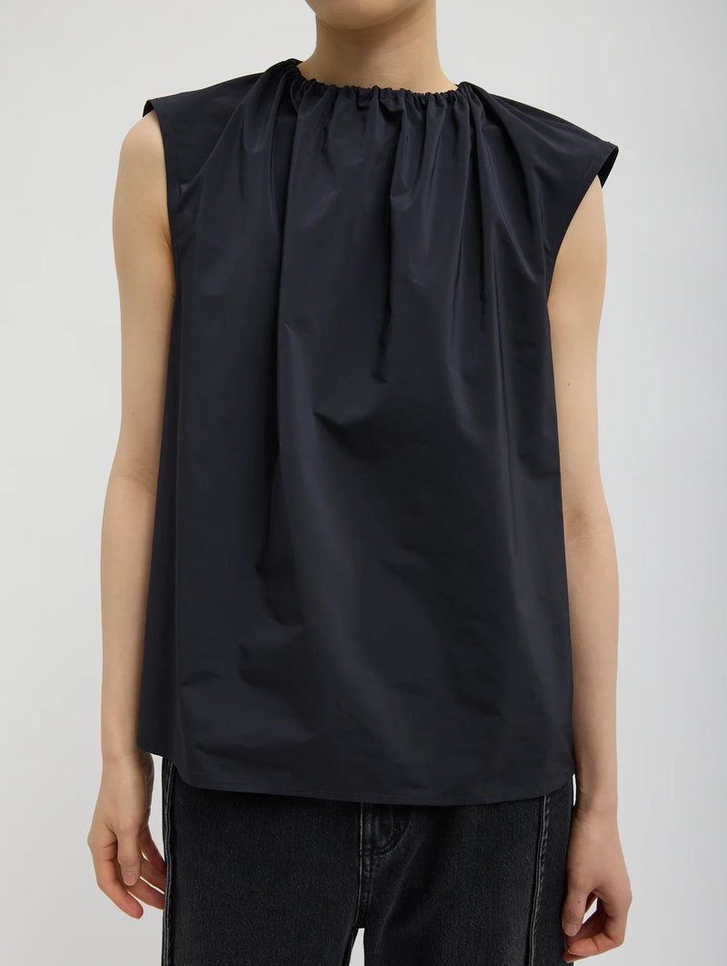 Nylon Shirred Neck Top in Navy