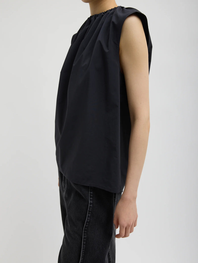 Nylon Shirred Neck Top in Navy